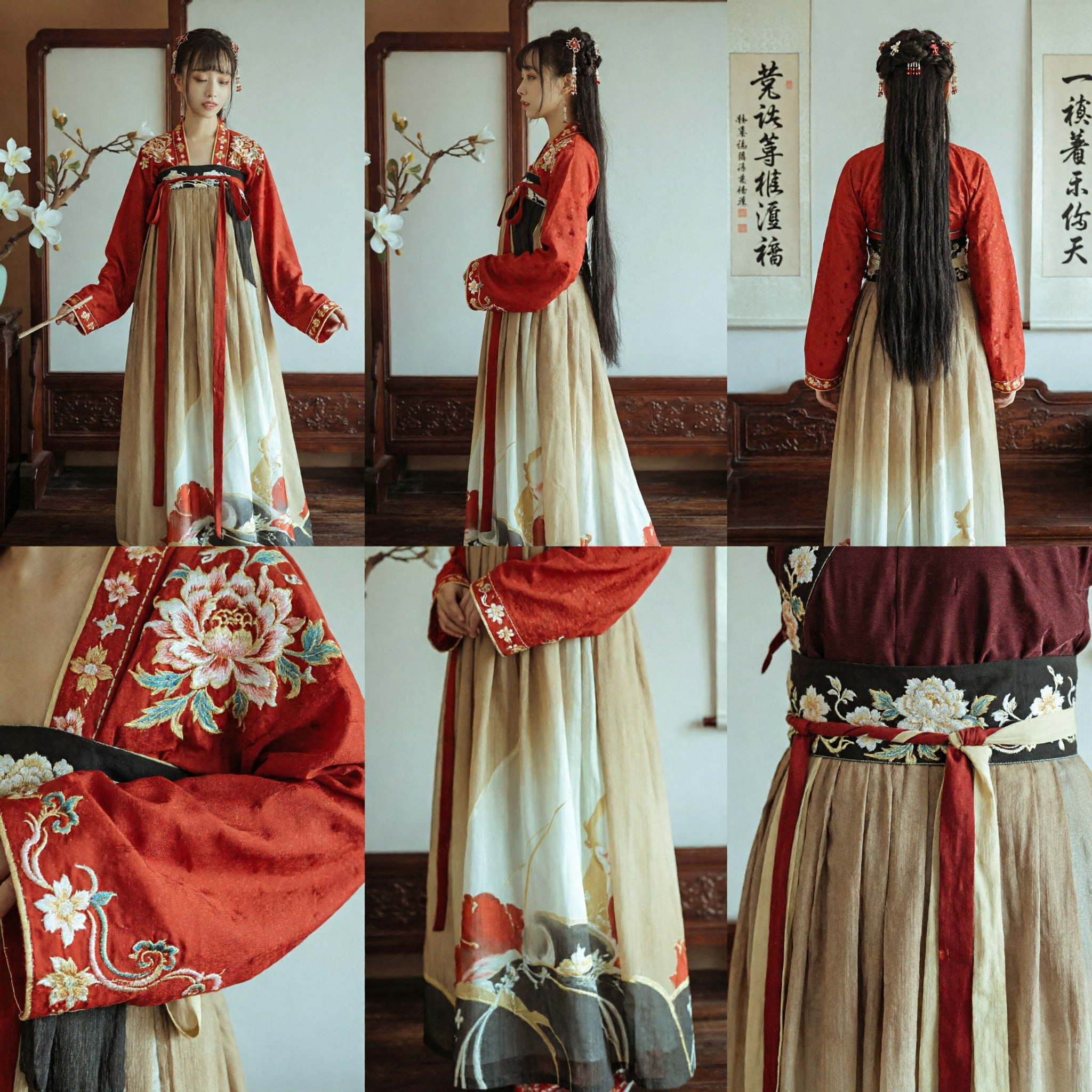 Traditional Chinese Tang Dynasty Hanfu Costume Red Embroidered Top and Long Skirt Set for Women - Asian Costume