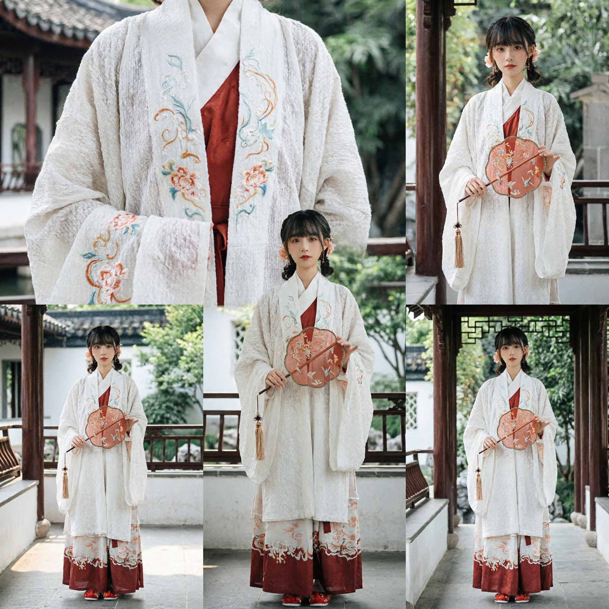 Elegant White Traditional Chinese Hanfu for Women Ancient Embroidered Robe Costume Set with Round Fan - Asian Costume
