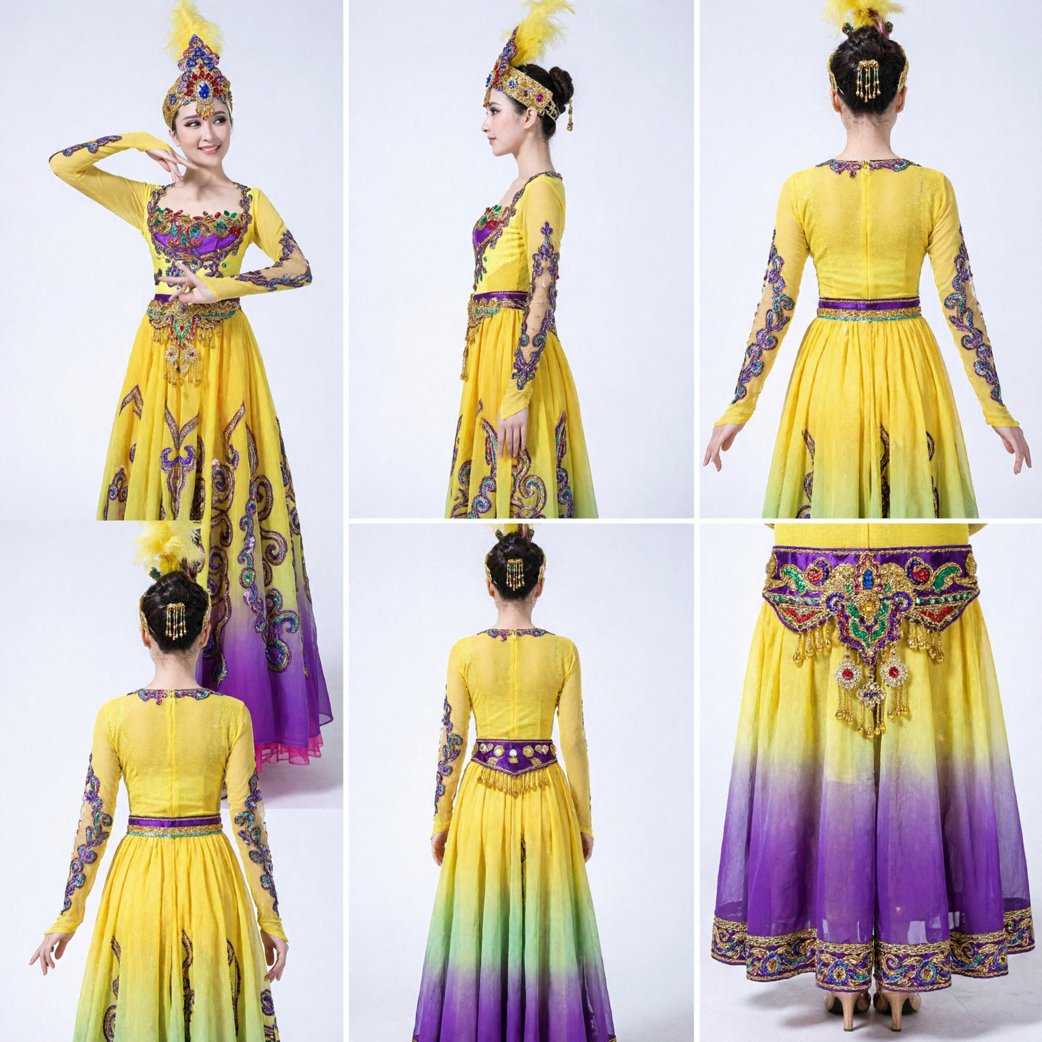 Traditional Chinese Xinjiang Uyghur Dance Costume Women's Yellow Purple Gradient Dress with Headdress for Stage Performance - Asian Costume