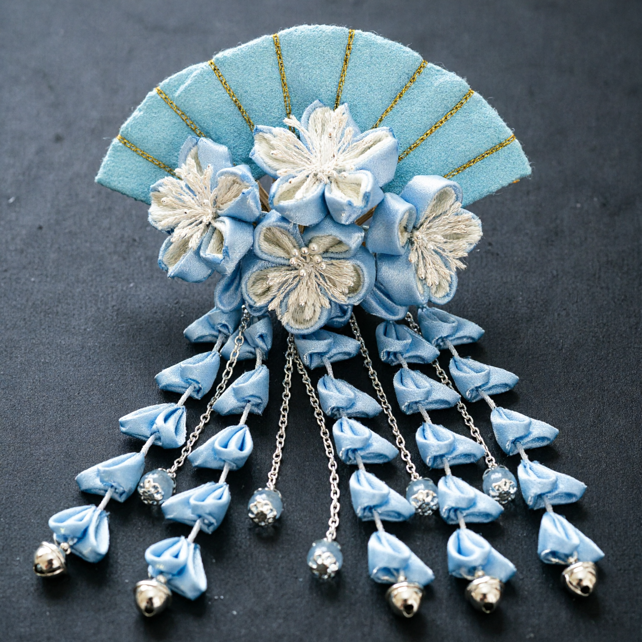 Traditional Blue Floral Hairpin with Fan and Bells for Women Hanfu Ancient Costume Hair Accessories - Asian Costume