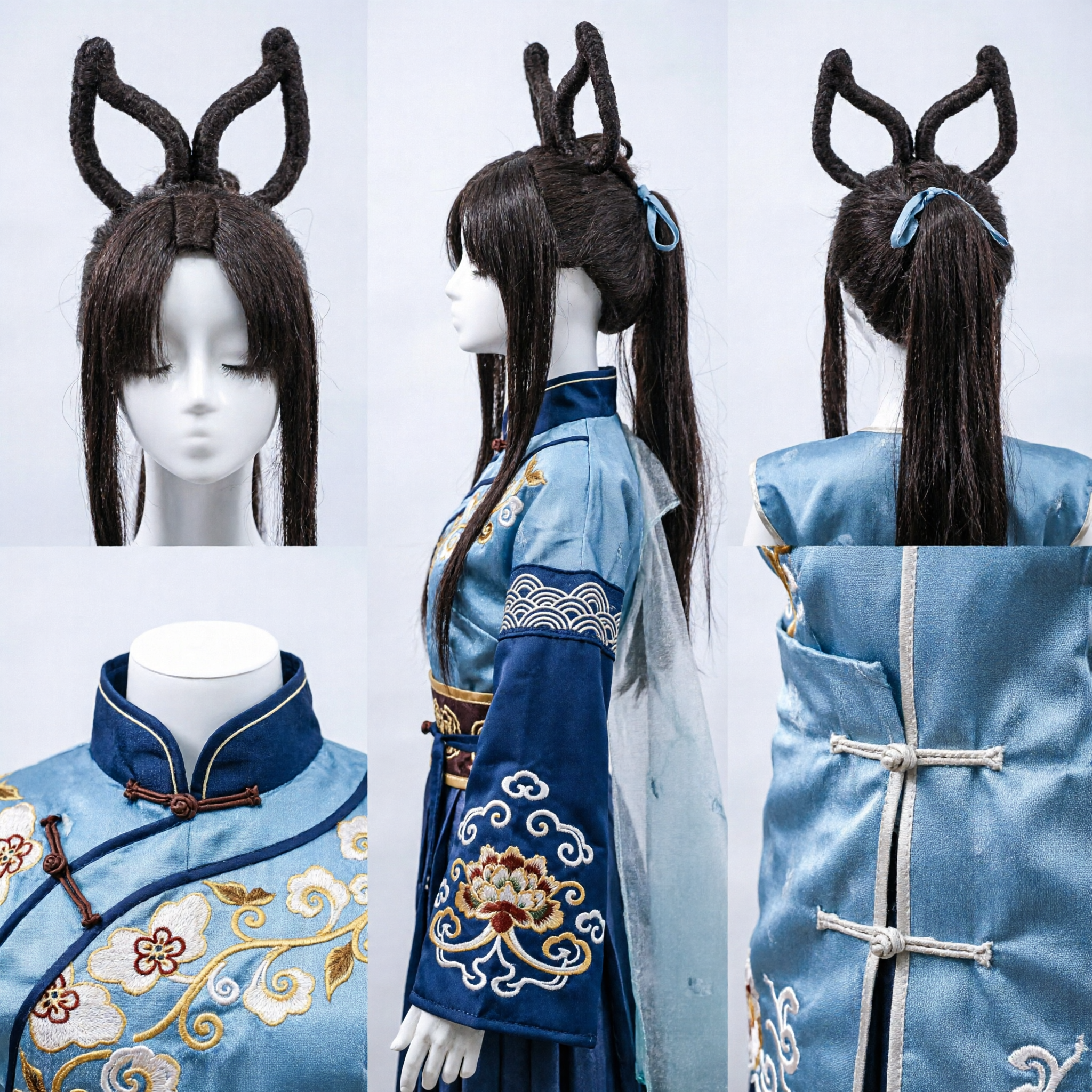 Traditional Chinese Ancient Style Black Wig with Double Looped Buns for Hanfu Cosplay and Theater Performance - Asian Costume