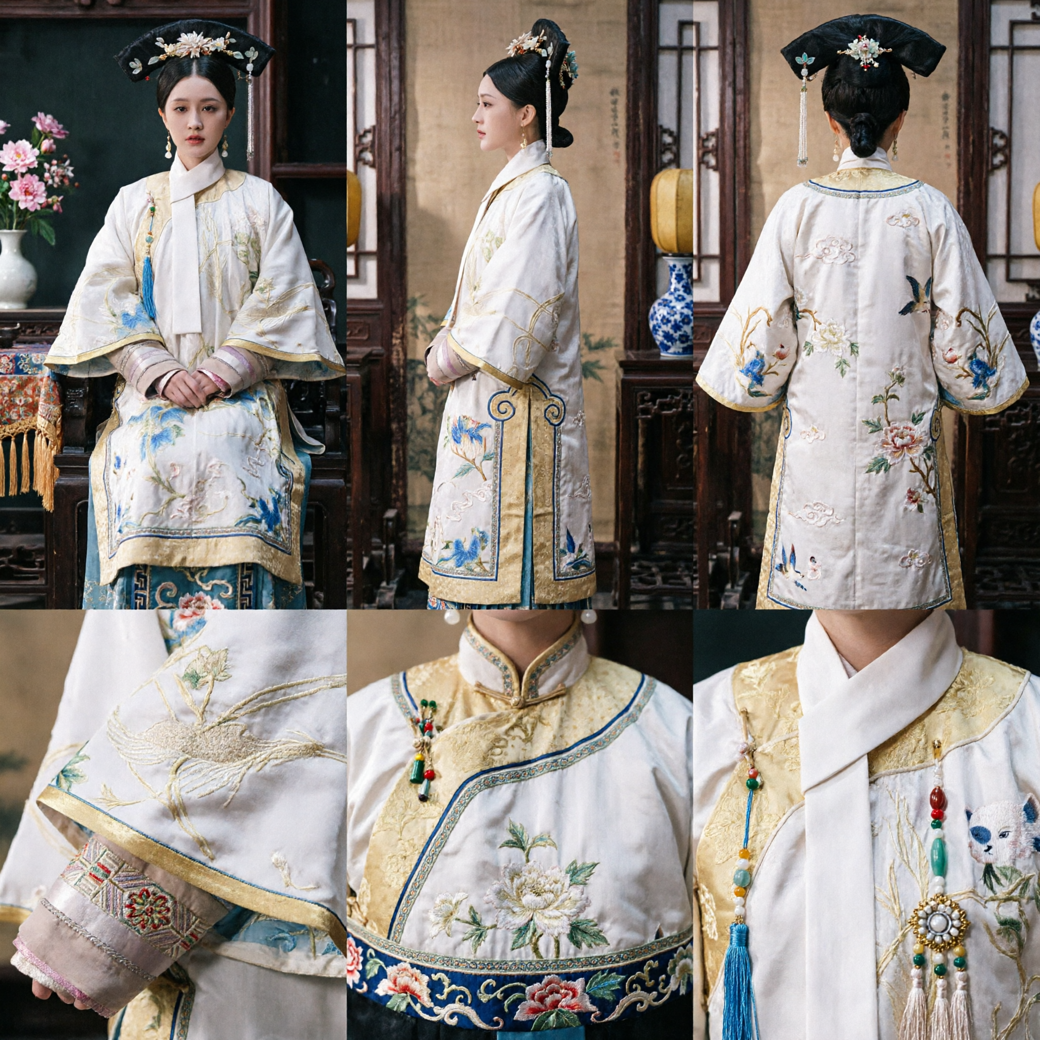 Traditional Chinese Qing Dynasty Concubine Costume White Floral Embroidered Court Robe with Hair Accessories for Women - Asian Costume