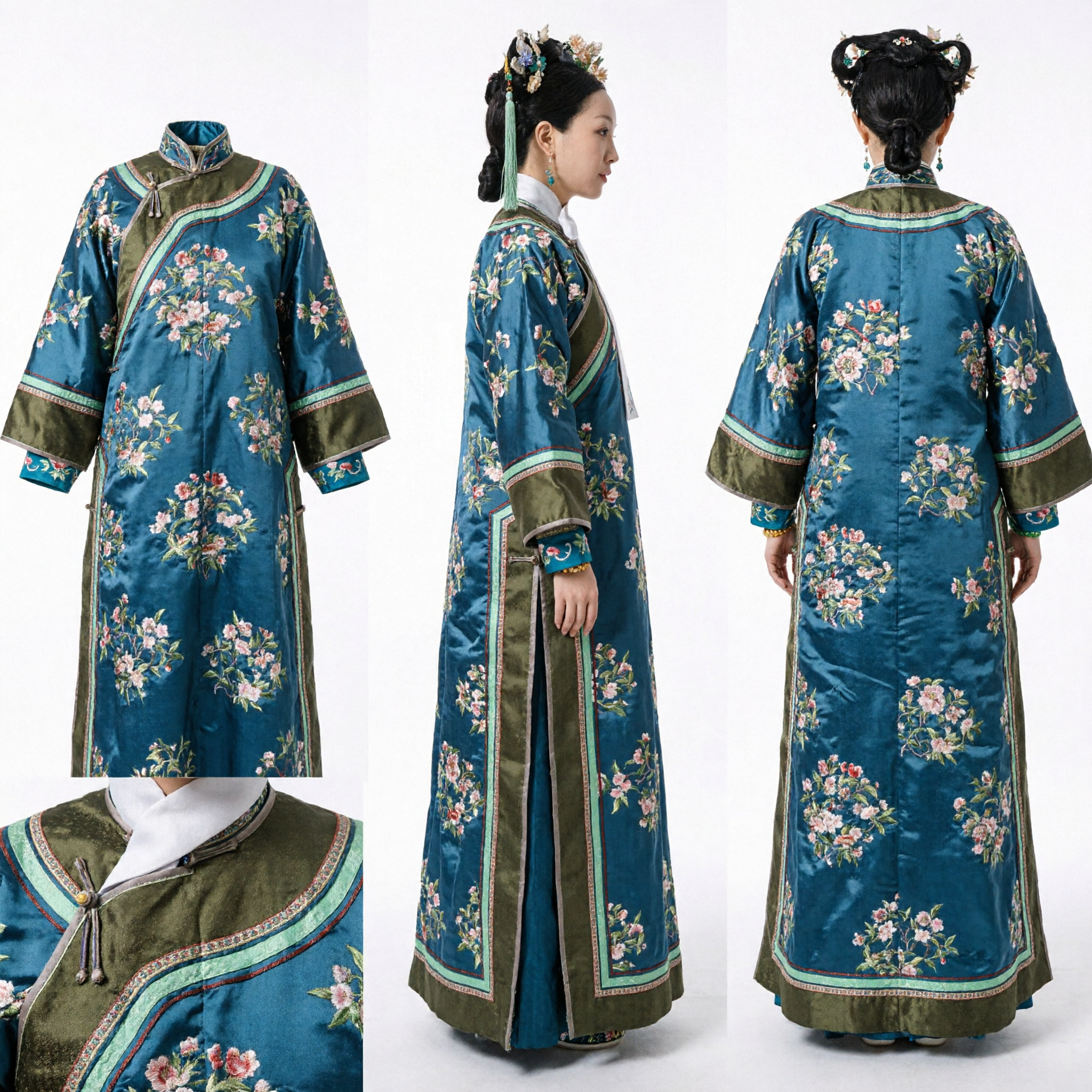 Ancient Chinese Qing Dynasty Noblewoman Costume Teal Floral Embroidered Manchu Robe for Women Cosplay - Asian Costume