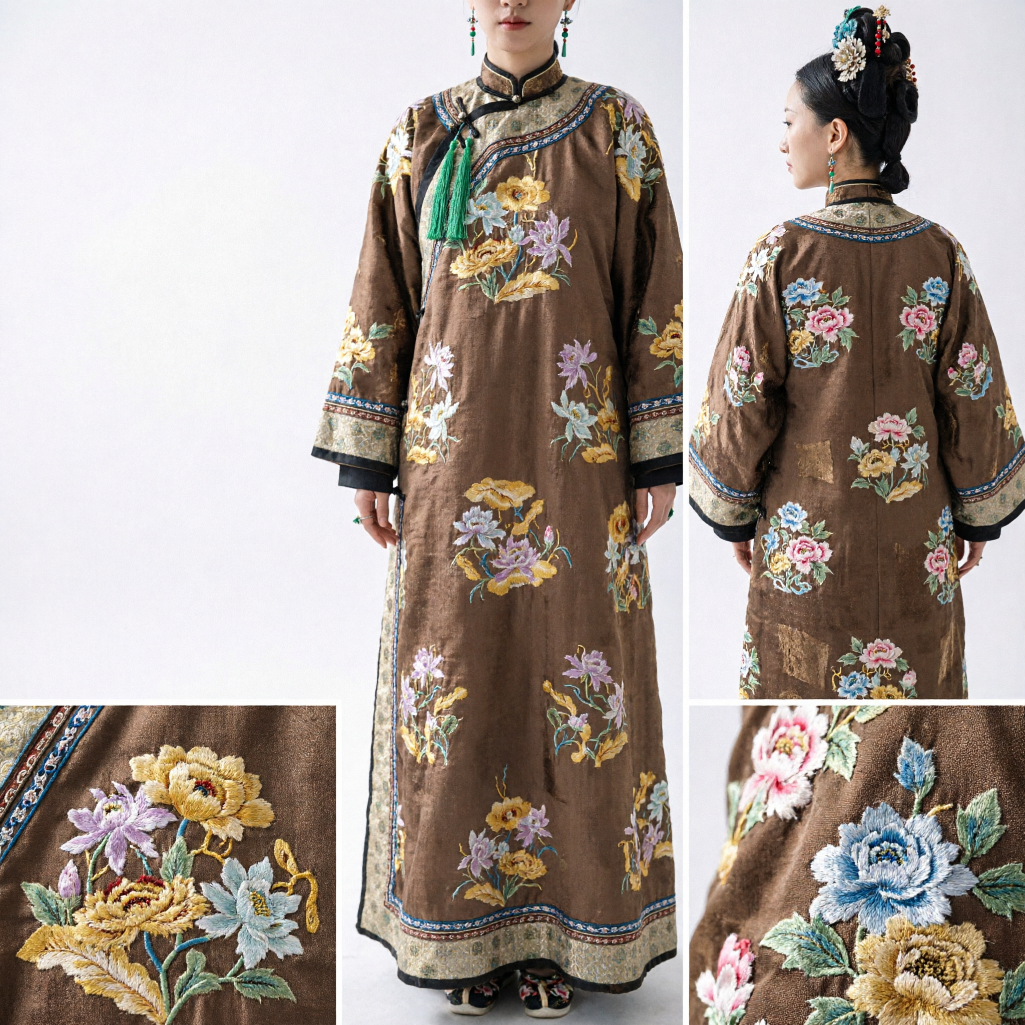 Traditional Chinese Qing Dynasty Manchu Embroidered Floral Qizhuang Robe Ancient Palace Lady Costume for Women - Asian Costume