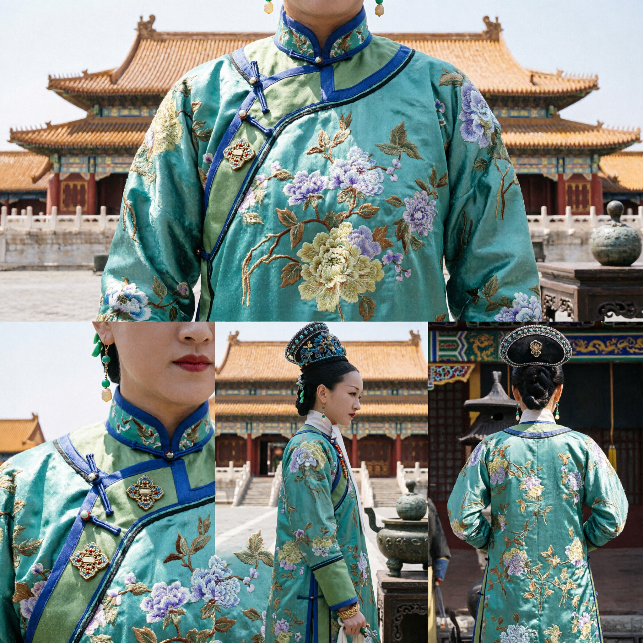 Traditional Chinese Qing Dynasty Imperial Concubine Green Floral Embroidery Costume Set for Women Historical Cosplay - Asian Costume