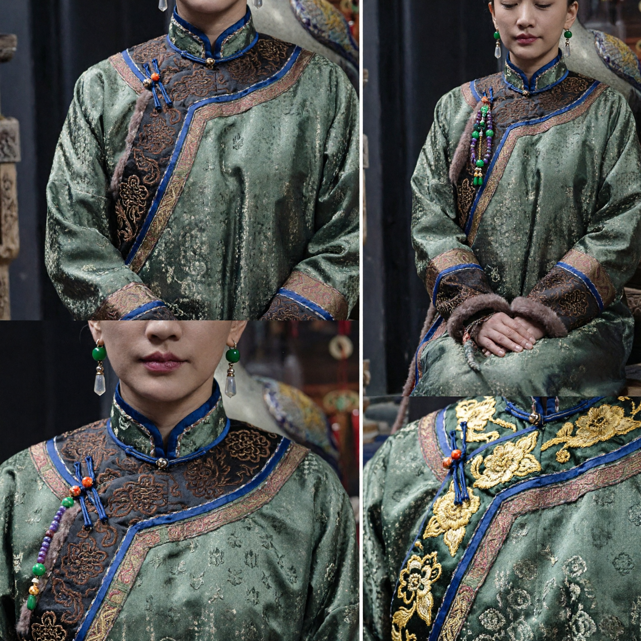 Traditional Chinese Qing Dynasty Imperial Concubine Costume Green Silk Robe with Fur Collar for Women Cosplay - Asian Costume