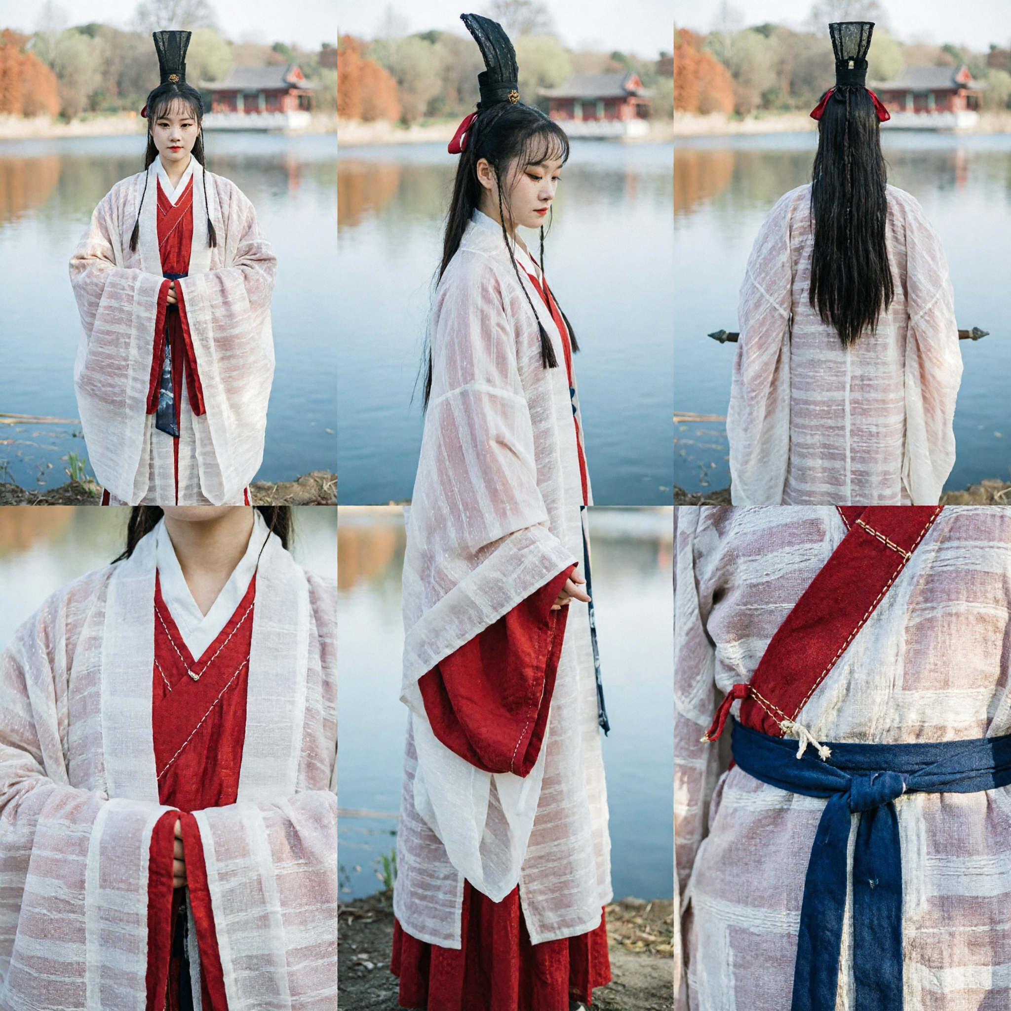 Traditional Chinese Ancient Swordswoman Hanfu Costume White Striped Robe with Red Dress for Women Cosplay - Asian Costume
