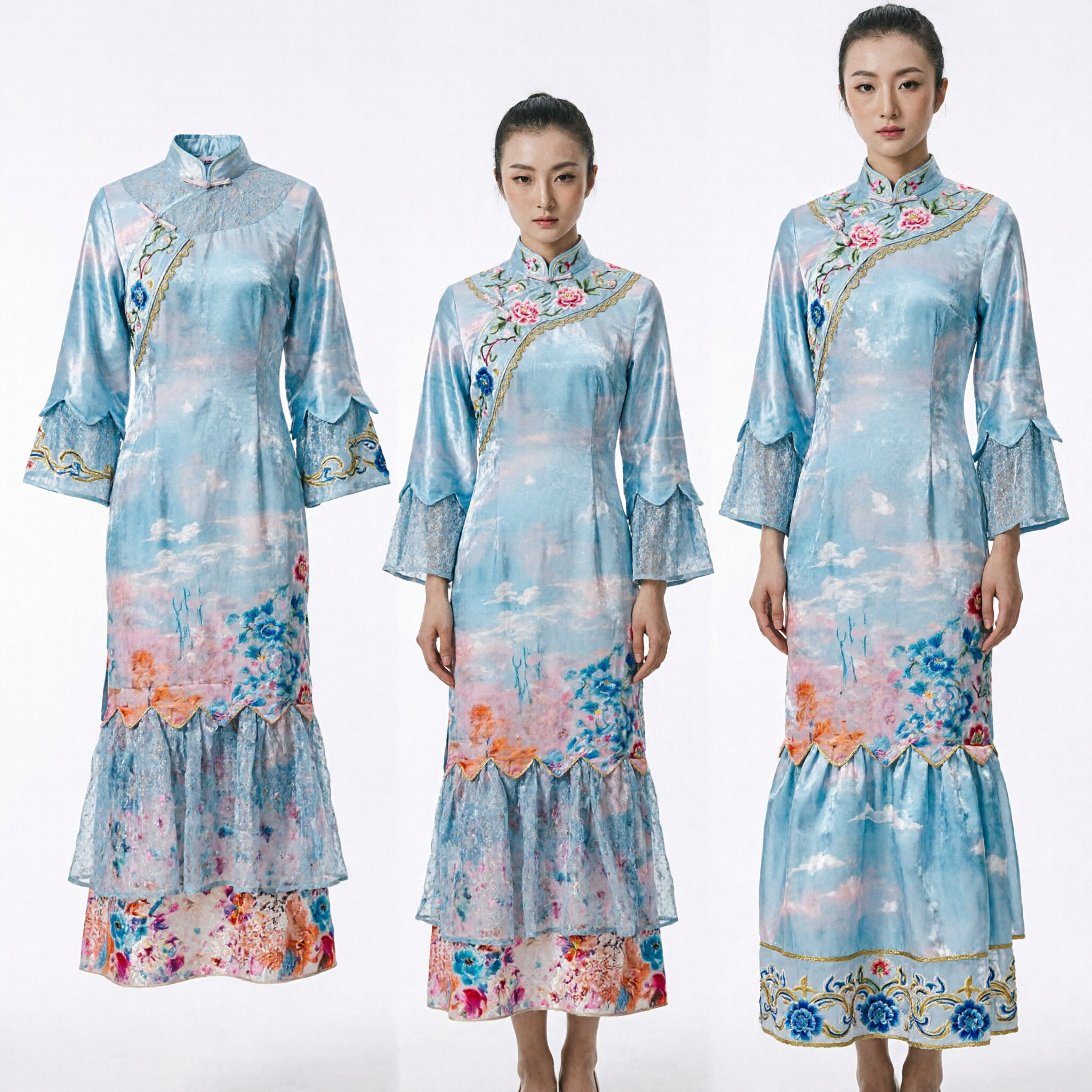 Chinese Traditional Modern Cheongsam Blue Floral Velvet Long Dress Qipao with Ruffles for Women Stage Performance - Asian Costume
