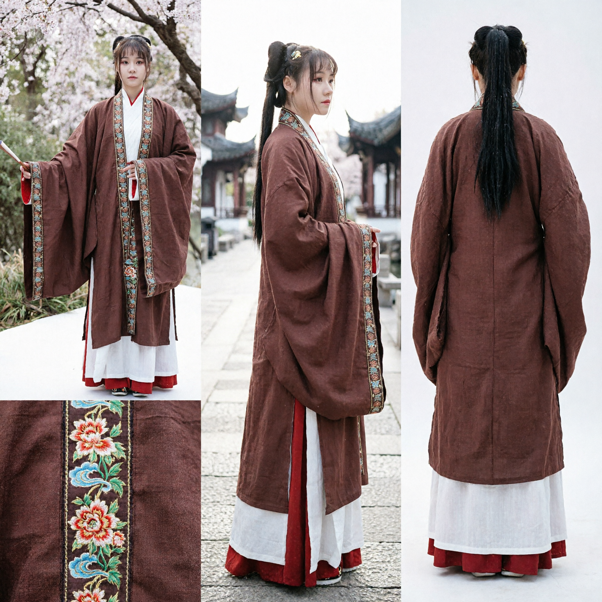 Traditional Chinese Hanfu Ancient Costume Brown Red Cross-Collar Robe with Wide Sleeves for Women Cosplay - Asian Costume