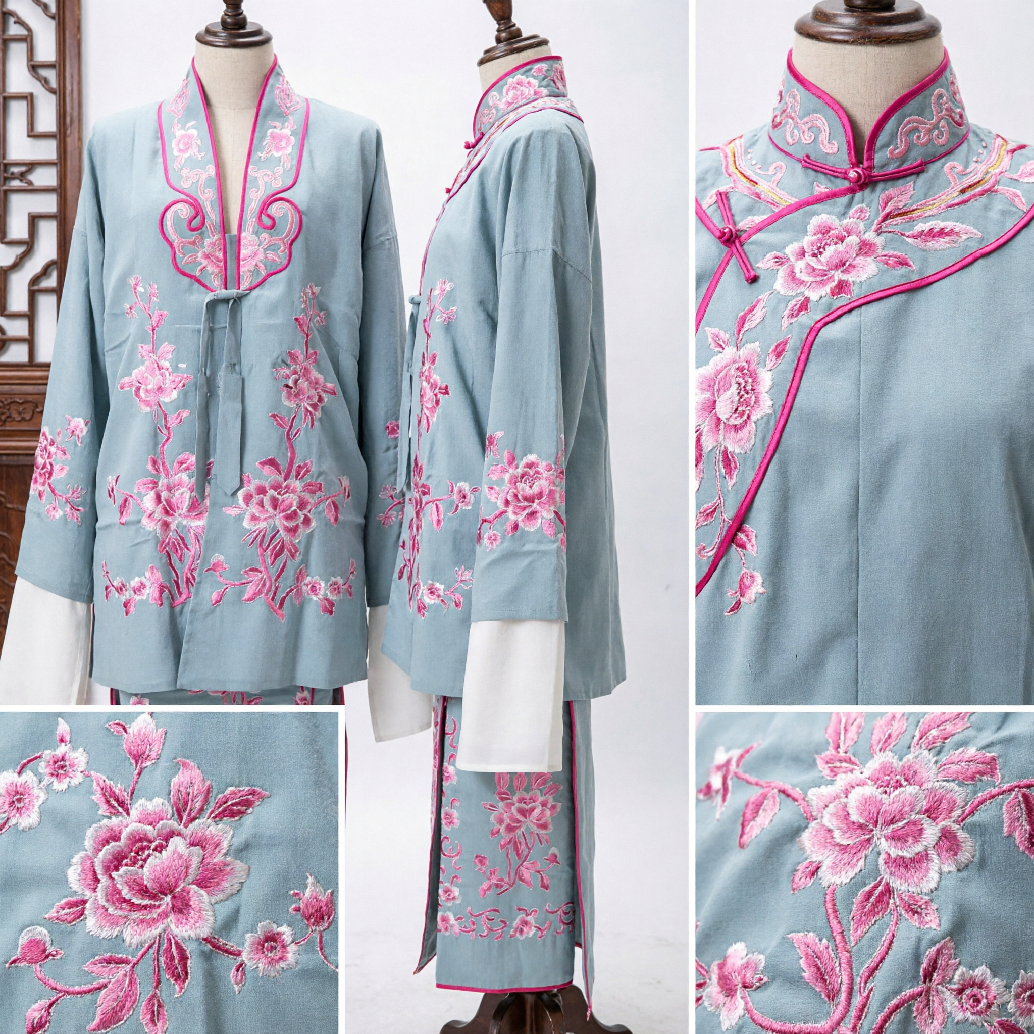 Traditional Chinese Beijing Opera Costume Grey Pink Floral Embroidery Water Sleeve Performance Outfit for Adults - Asian Costume