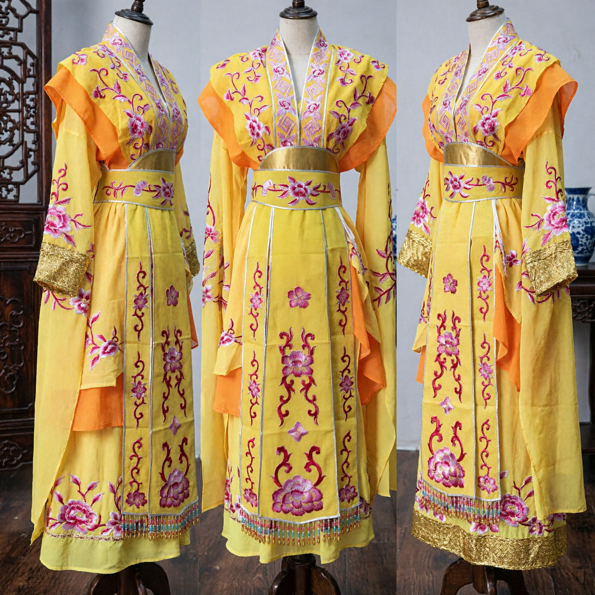 Yellow Chinese Traditional Peking Opera Costume Embroidered Floral Robe for Stage Performance and Ancient Drama - Asian Costume