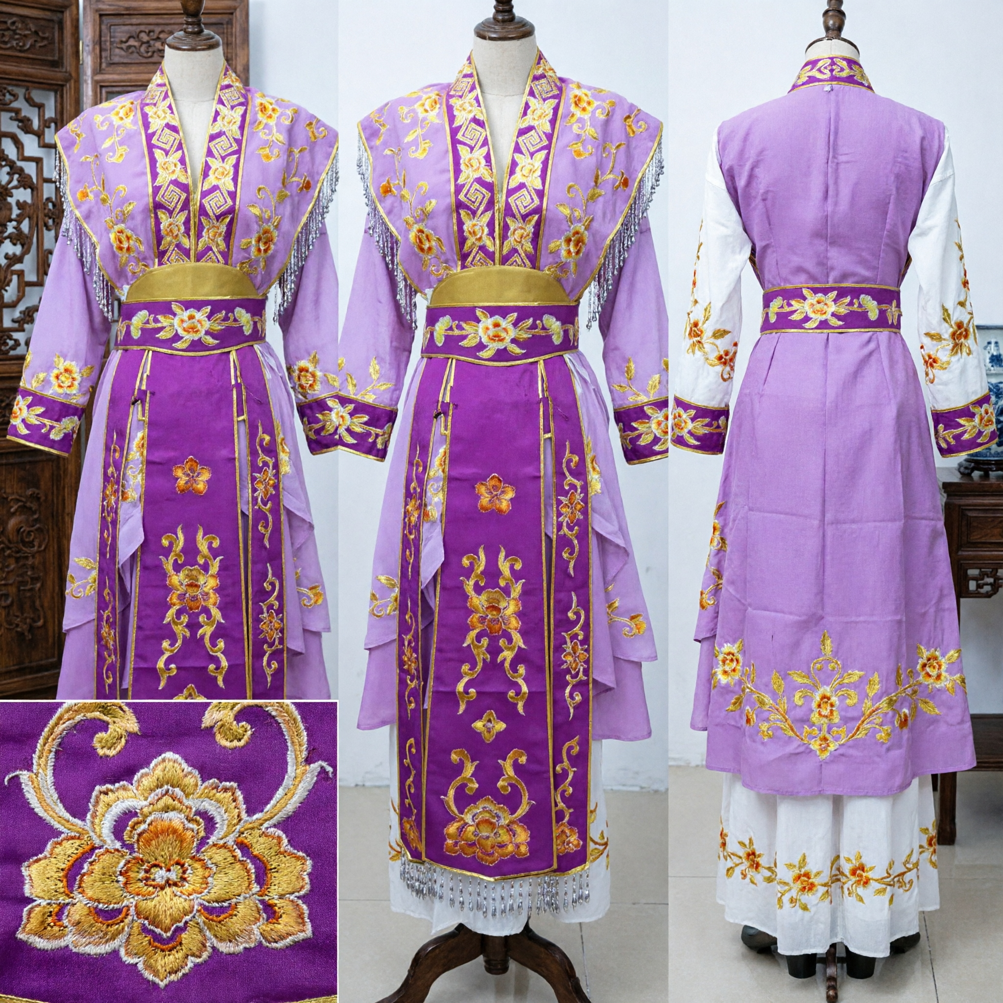 Traditional Chinese Peking Opera Purple Robe with Gold Floral Embroidery Ancient Scholar Stage Costume for Men - Asian Costume
