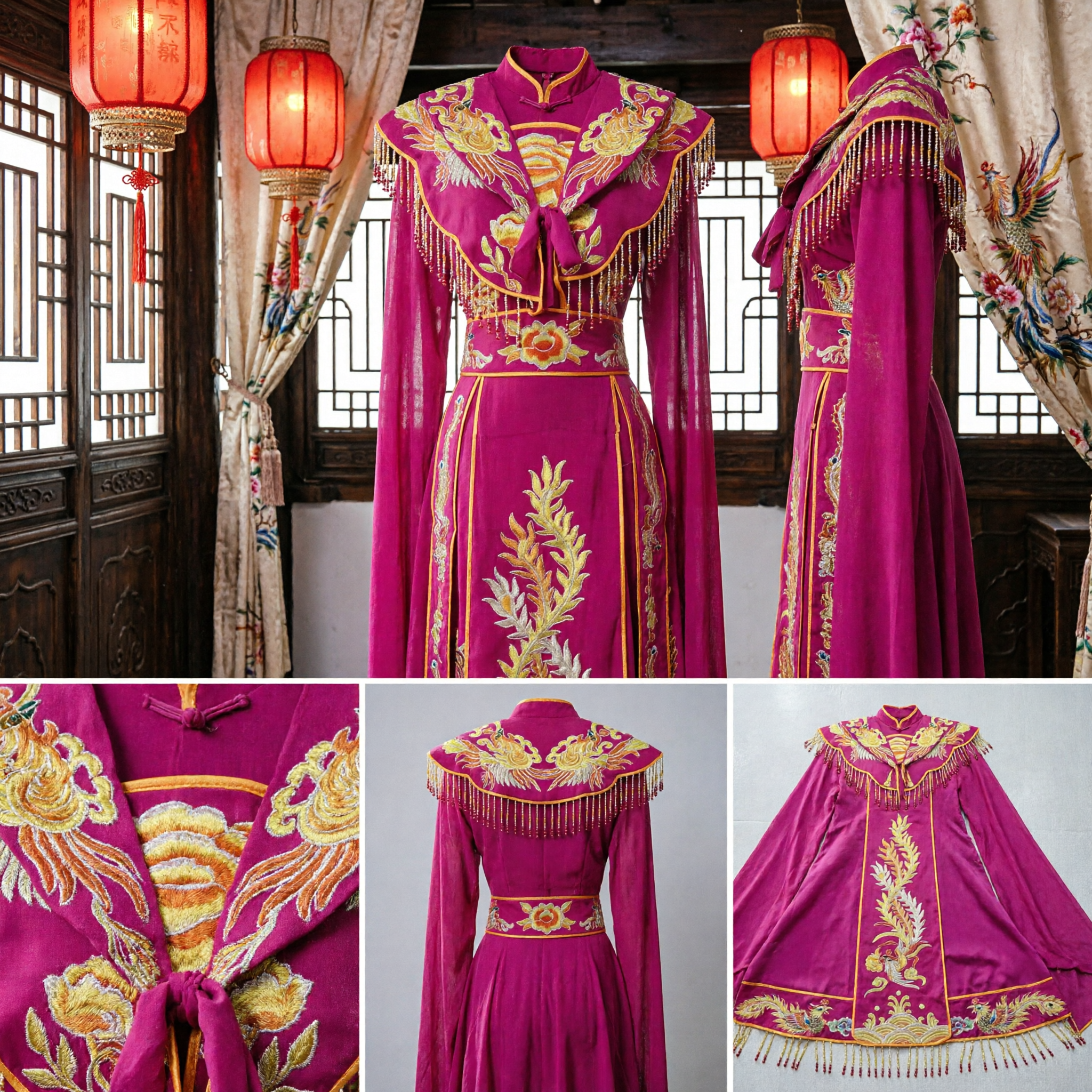 Traditional Chinese Pink Wedding Dress with Phoenix Embroidery and Beaded Cape Ancient Bridal Gown for Women - Asian Costume