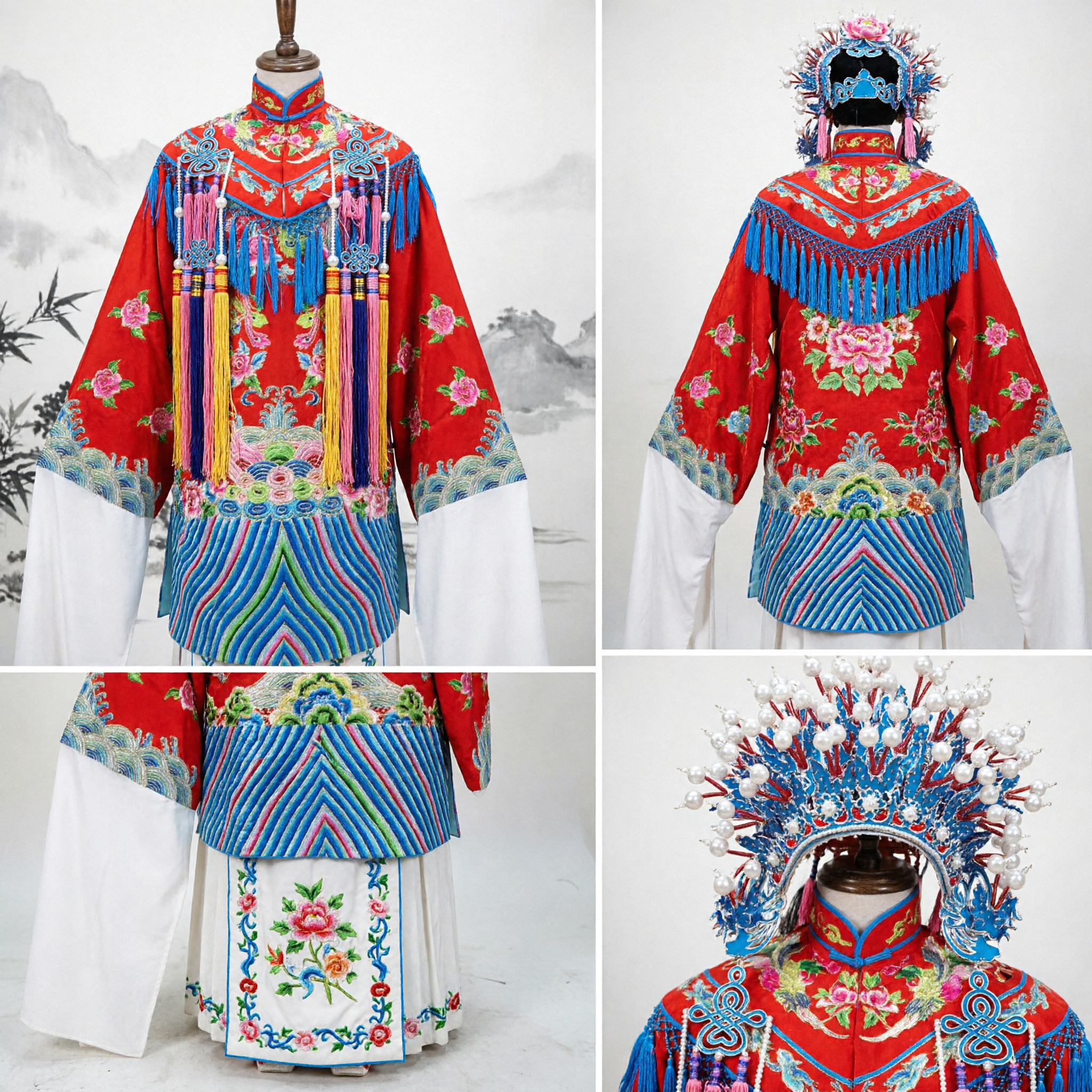 Traditional Chinese Peking Opera Female General Red Armor Costume with Elaborate Phoenix Headdress for Stage Performance - Asian Costume