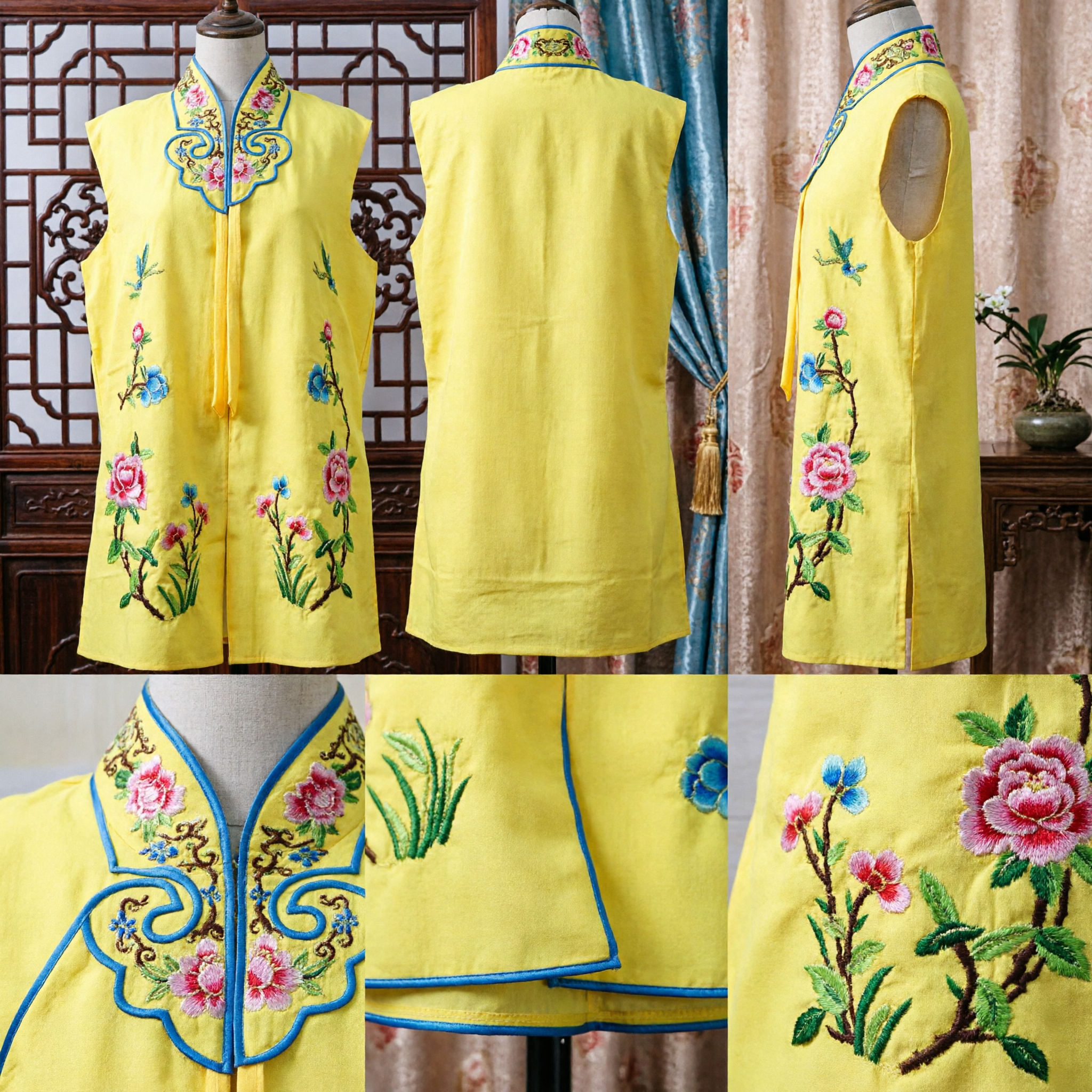 Traditional Chinese Yellow Sleeveless Embroidered Vest Peking Opera Costume Ancient Mandarin Collar Waistcoat for Stage Performance - Asian Costume