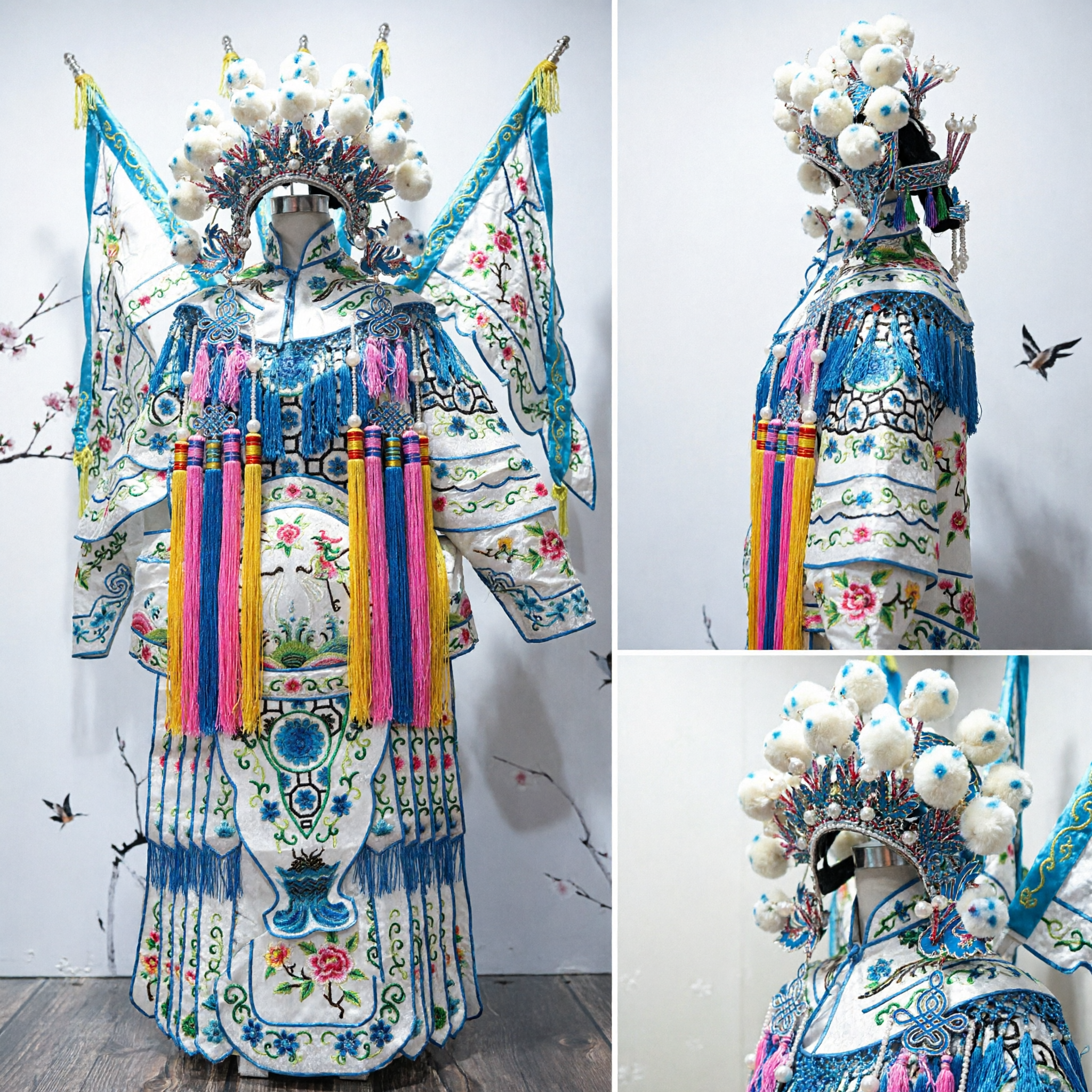 Traditional Chinese Peking Opera General Costume Embroidered White Robe with Back Flags and Headdress for Stage Performance - Asian Costume