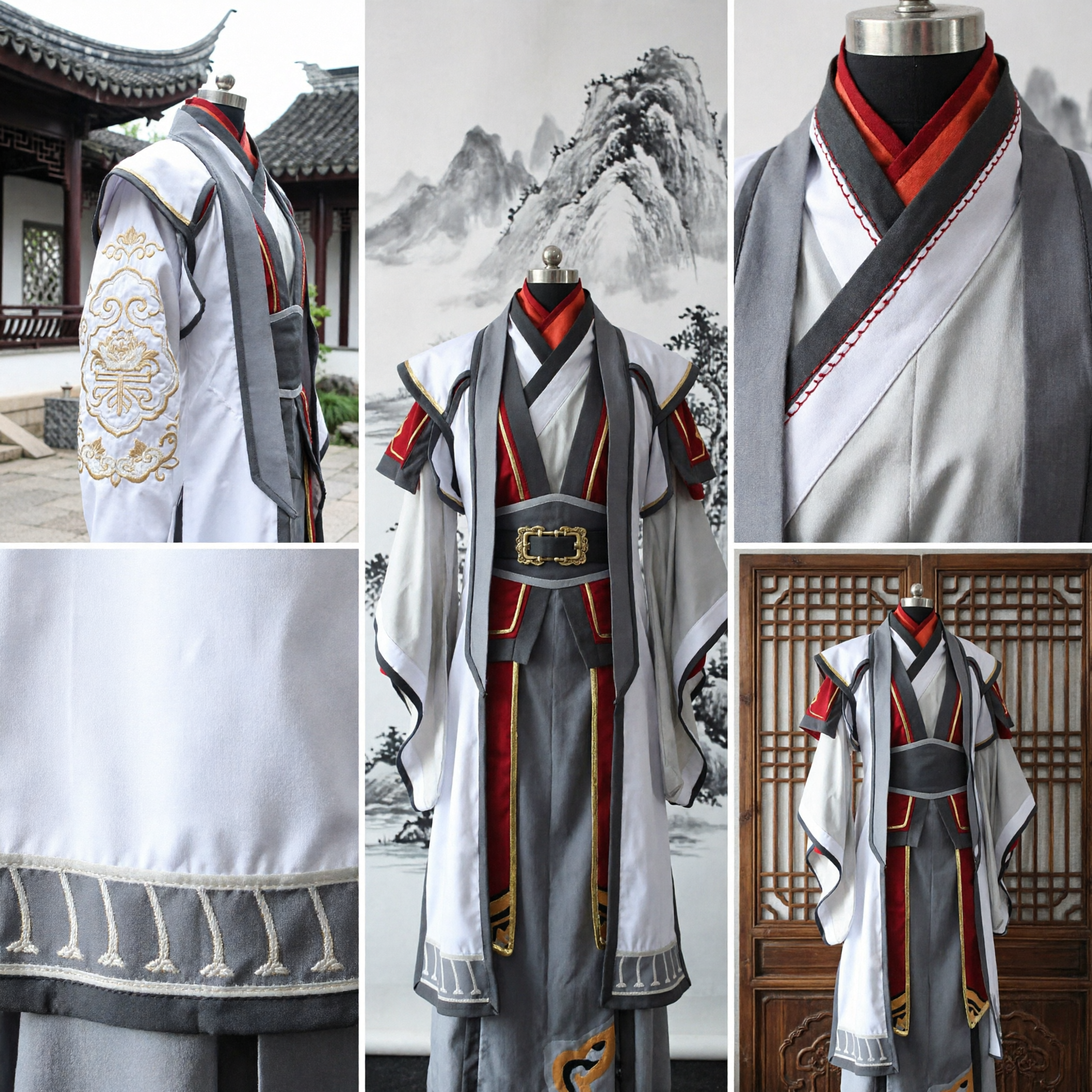 Ancient Chinese Swordsman Hanfu Costume Men's Traditional Wuxia Cosplay Outfit White Red Robe for Performance - Asian Costume