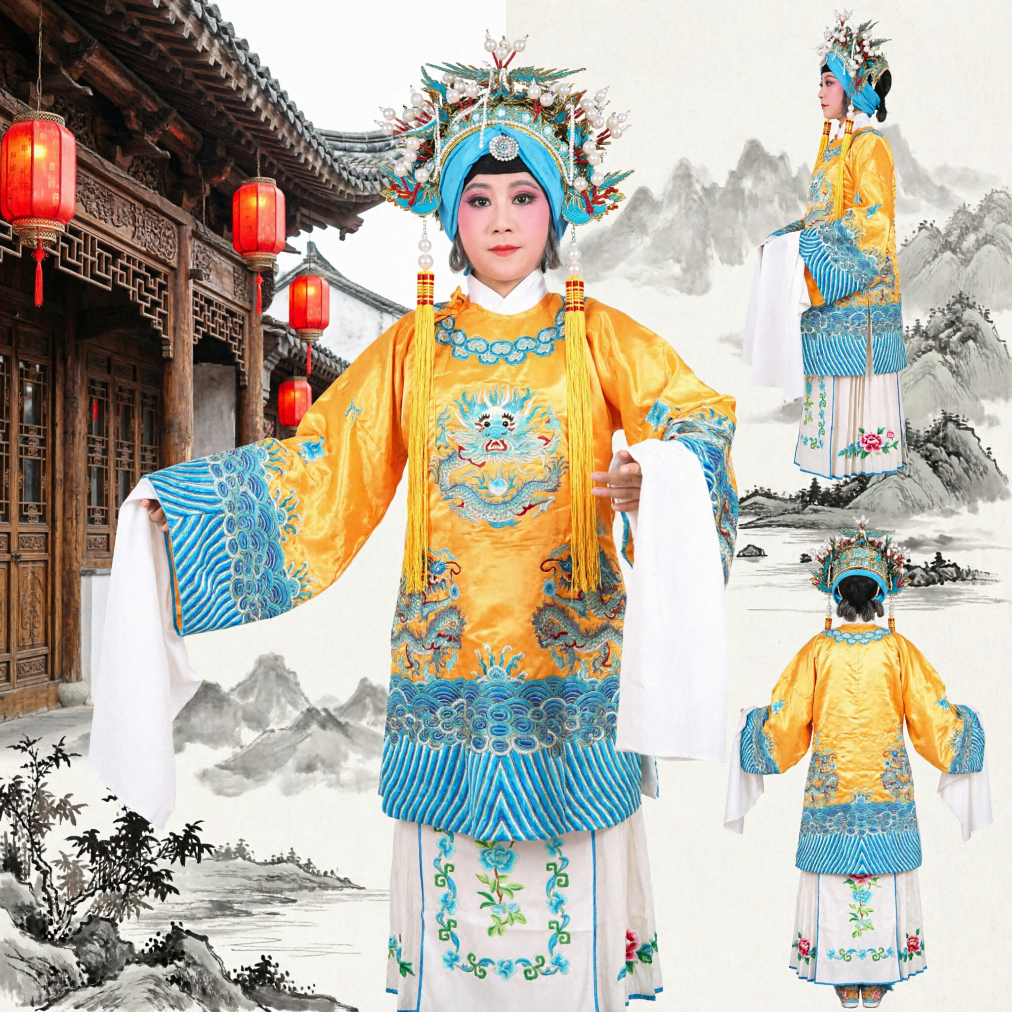 Traditional Chinese Peking Opera Costume Yellow Dragon Robe Ancient Emperor Outfit for Stage Performance - Asian Costume