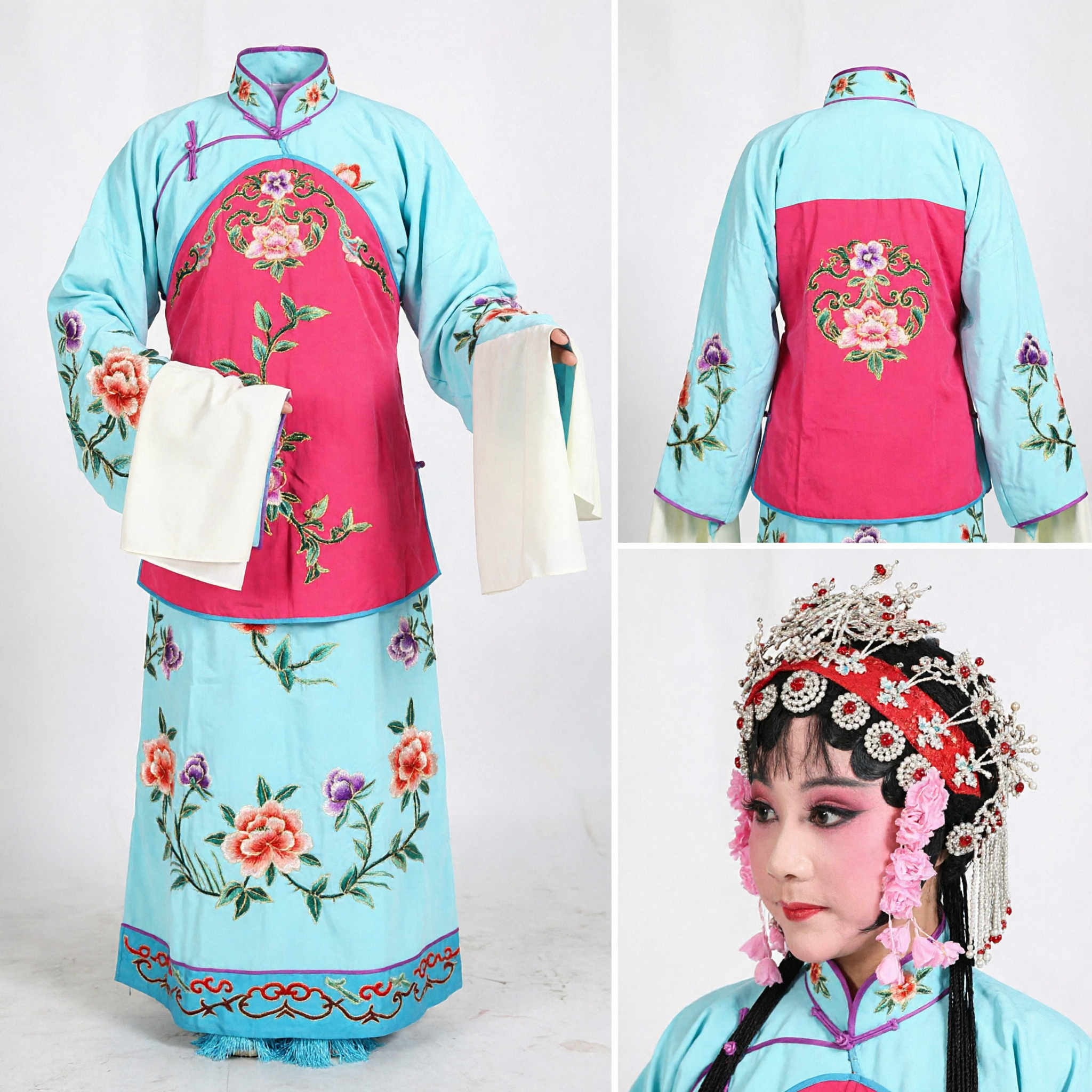 Traditional Chinese Beijing Opera Costume Blue Pink Embroidered Dress for Female Dan Role Stage Performance - Asian Costume