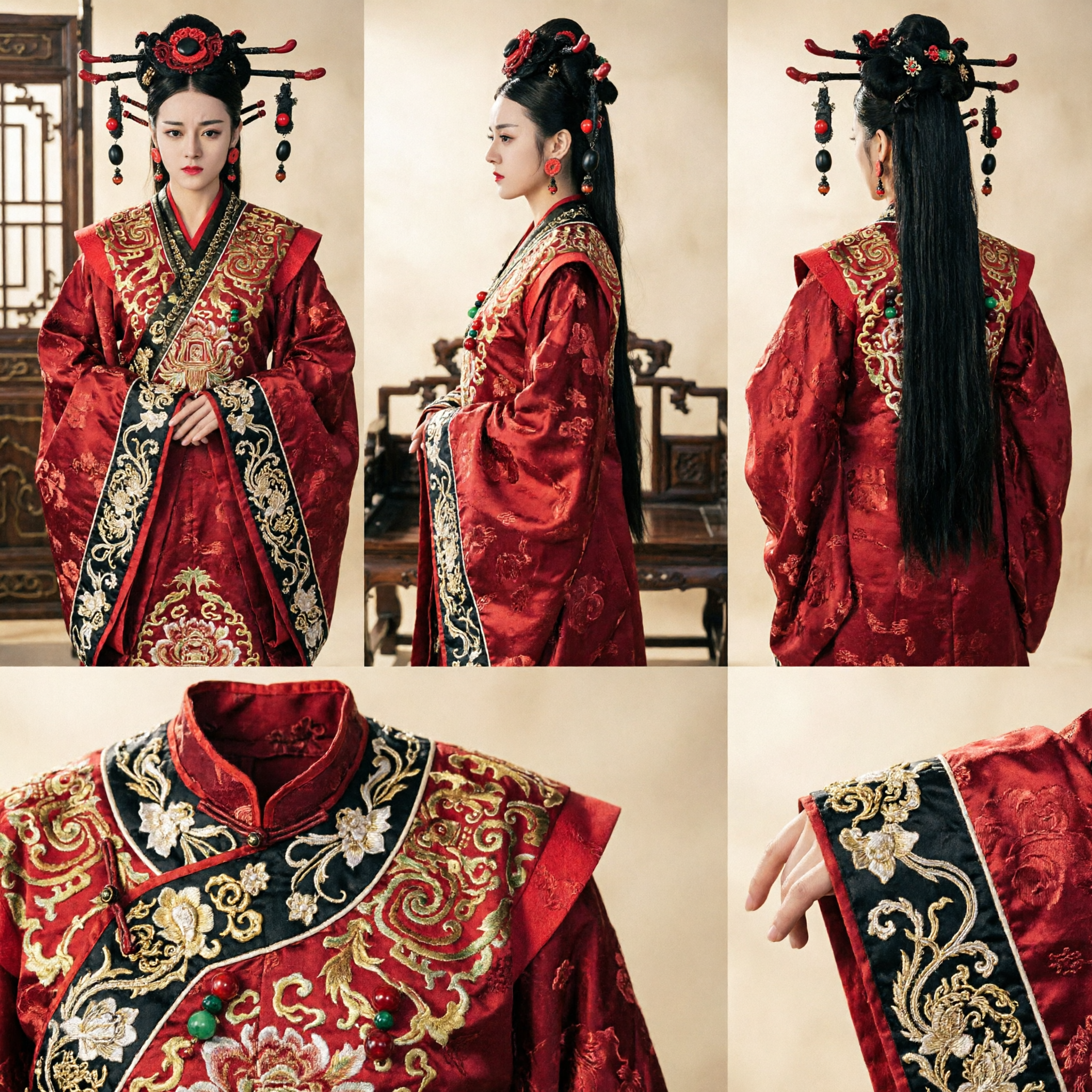 Traditional Chinese Ancient Empress Hair Accessories Complete Wig Set with Red Ornaments for Hanfu Cosplay - Asian Costume