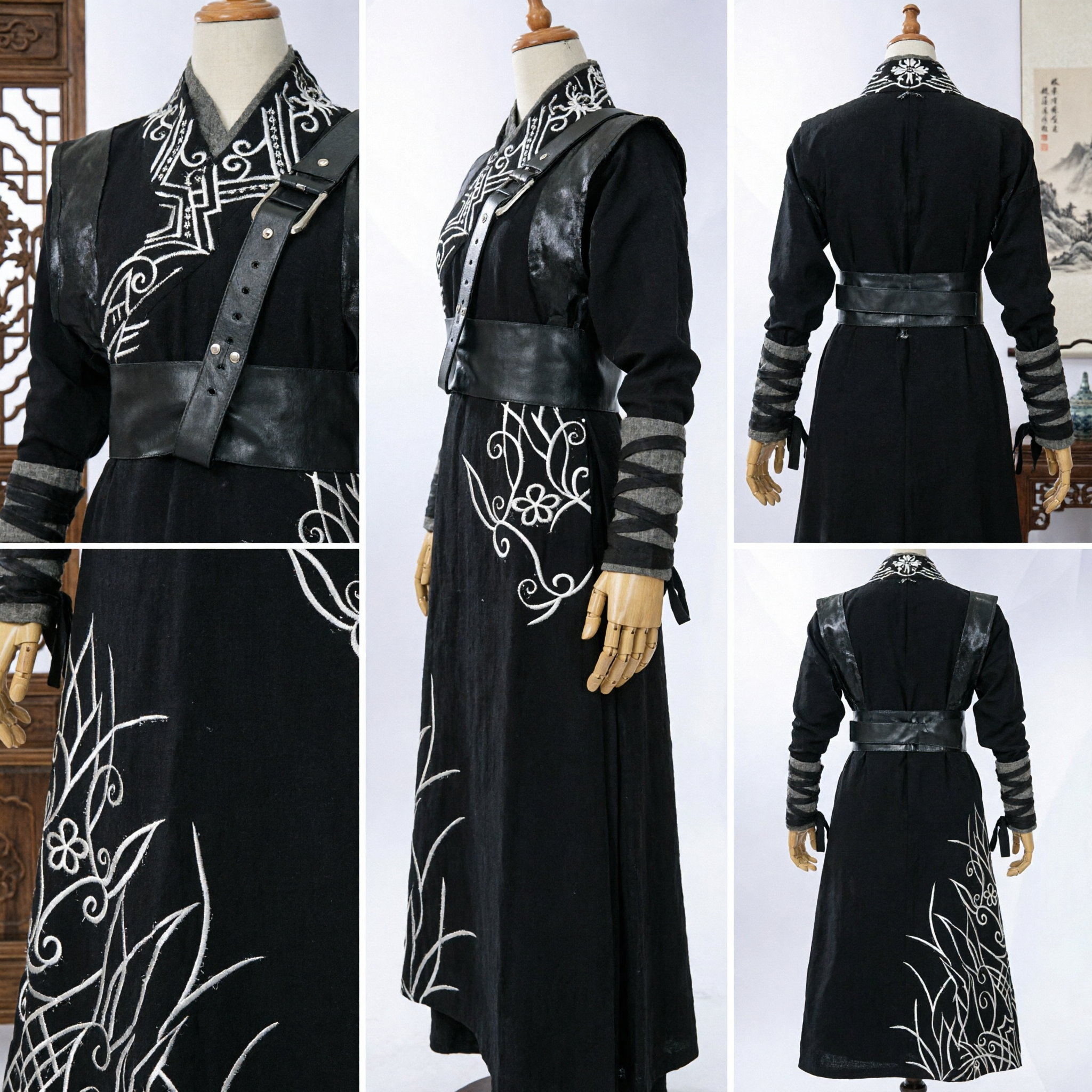 Chinese Traditional Black Wuxia Swordsman Hanfu Robe with Silver Embroidery for Men Cosplay Performance - Asian Costume