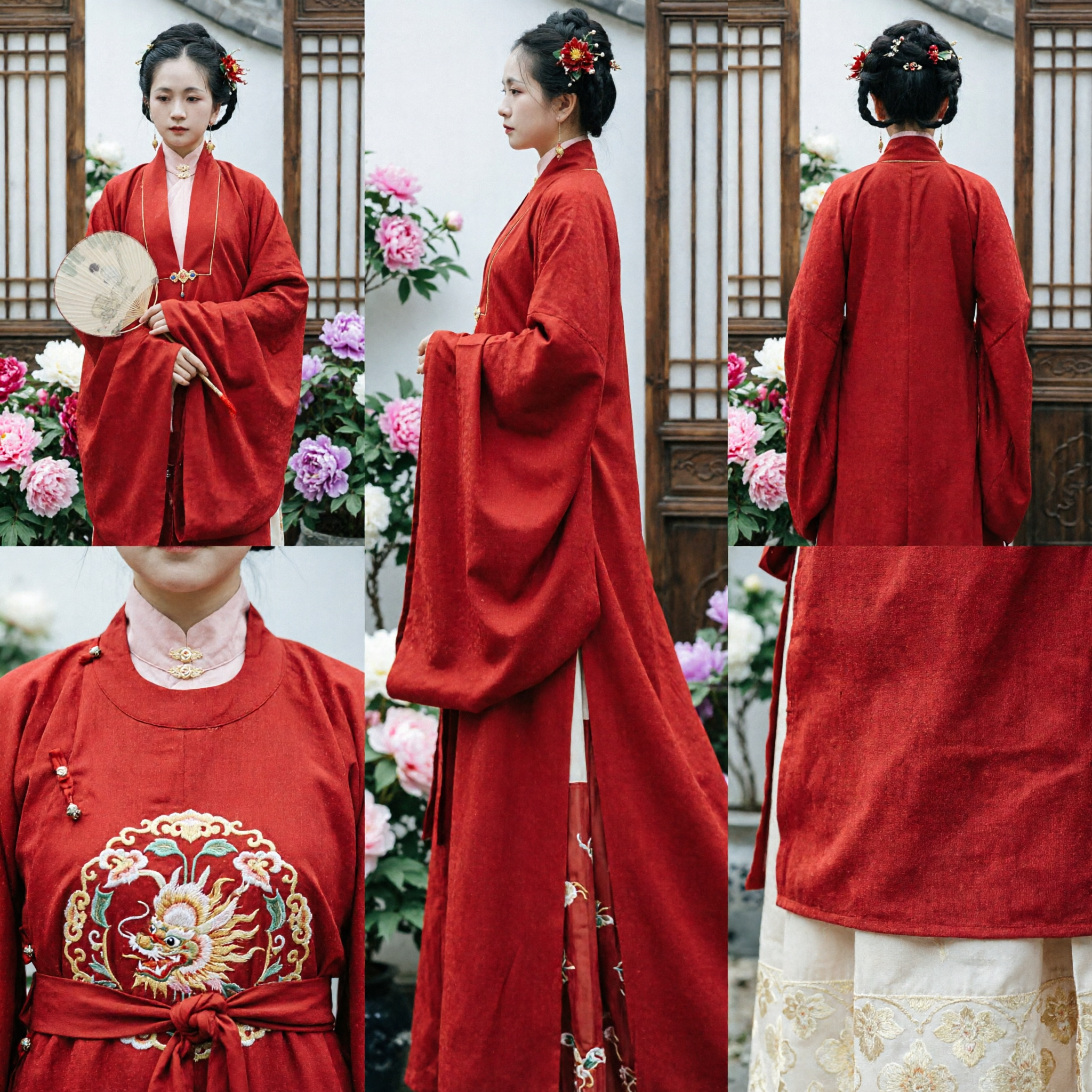 Elegant Red Traditional Chinese Hanfu Set with Cream Skirt for Women Historical Cosplay and Photography - Asian Costume