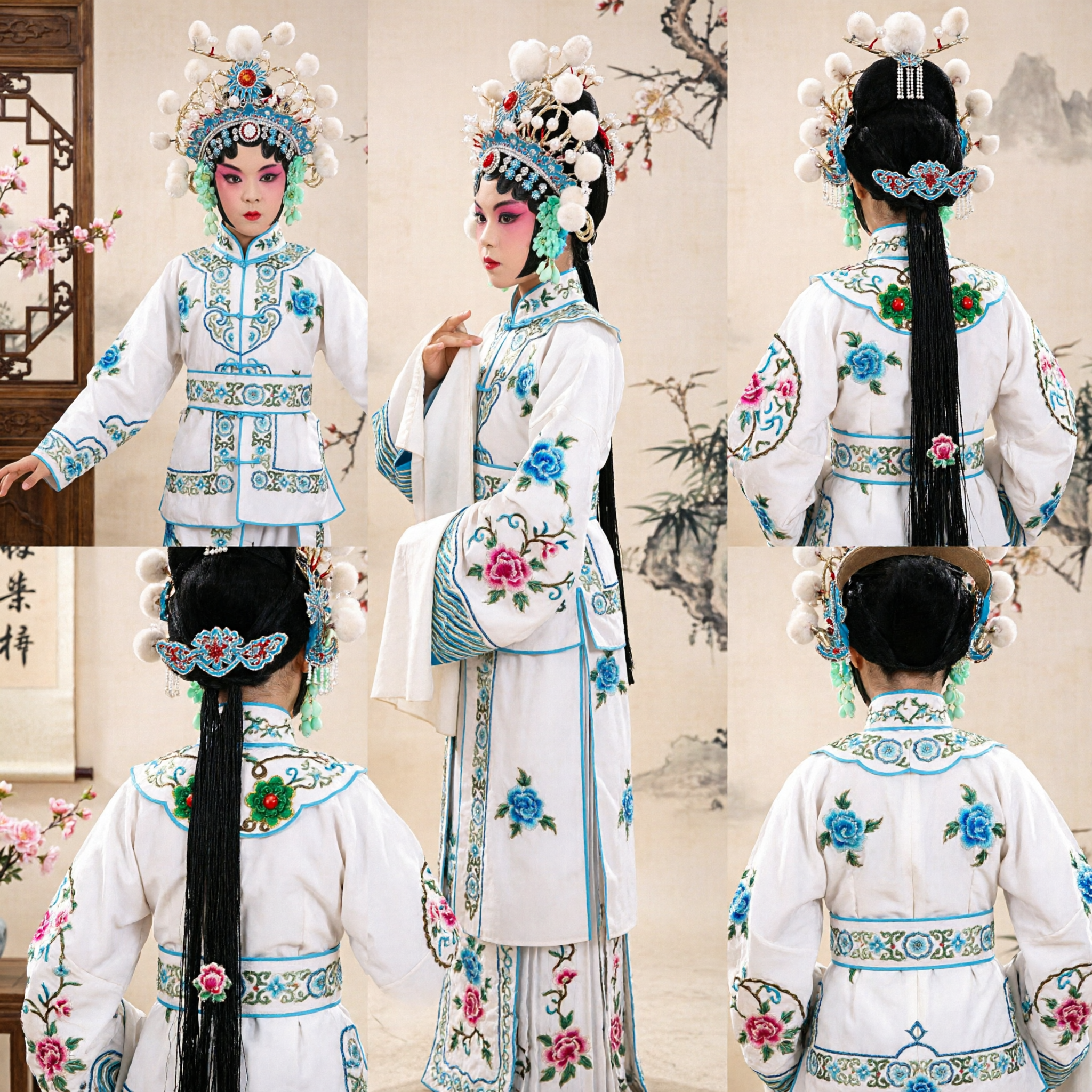 Traditional Chinese Peking Opera Kids Costume White Blue Female Warrior Outfit with Sword and Headdress - Asian Costume