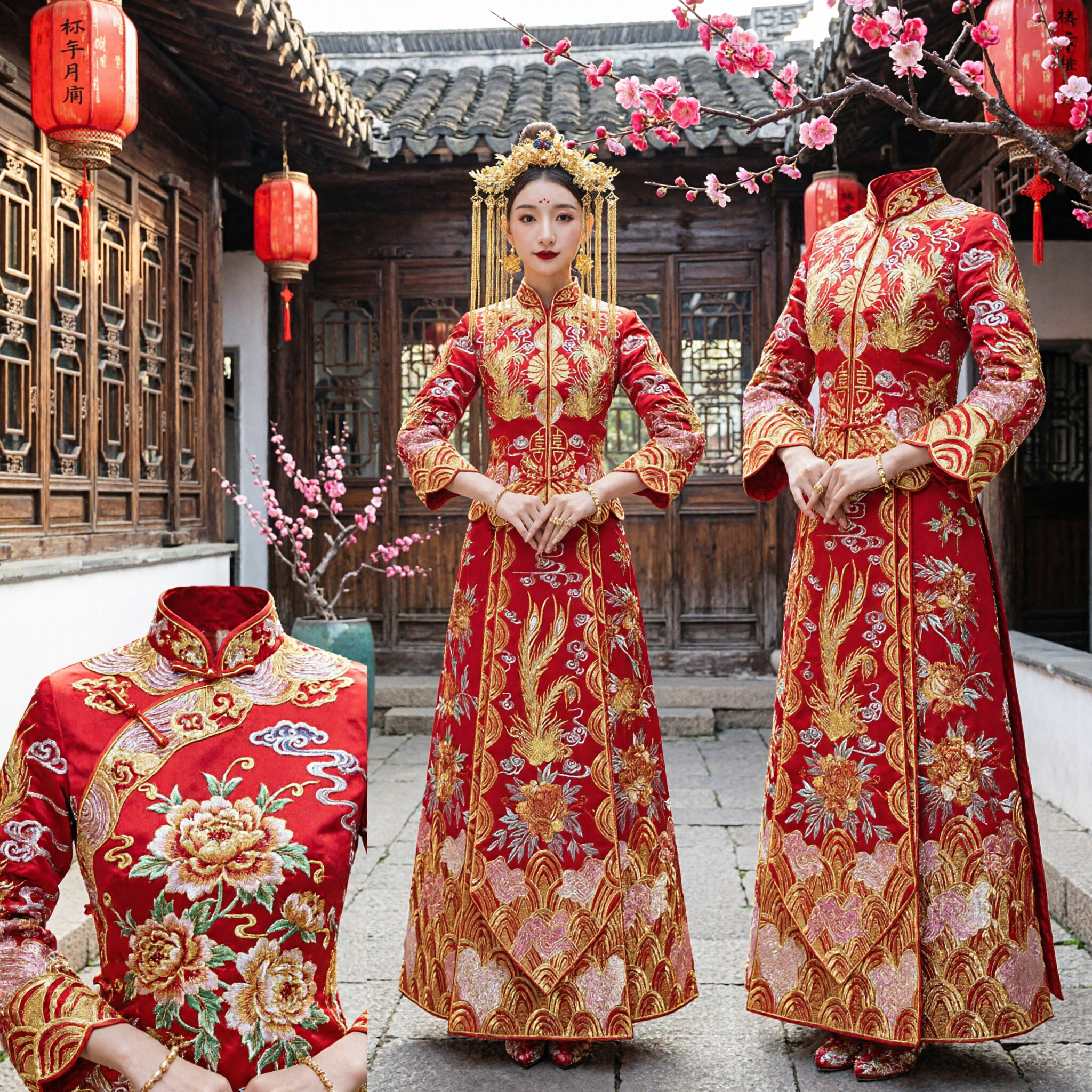 Women's Traditional Chinese Wedding Dress Qun Kwa Red Gold Embroidery Dragon Phoenix Long Sleeve Gown - Asian Costume