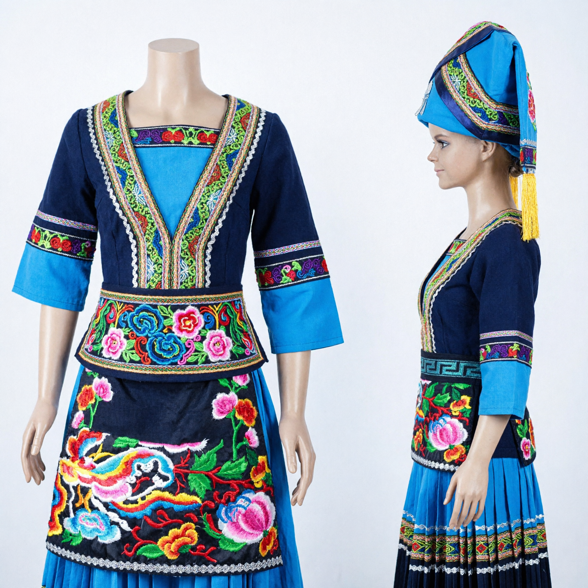 Traditional Chinese Ethnic Blue Embroidered Folk Costume Complete Set with Hat for Women Stage Performance - Asian Costume