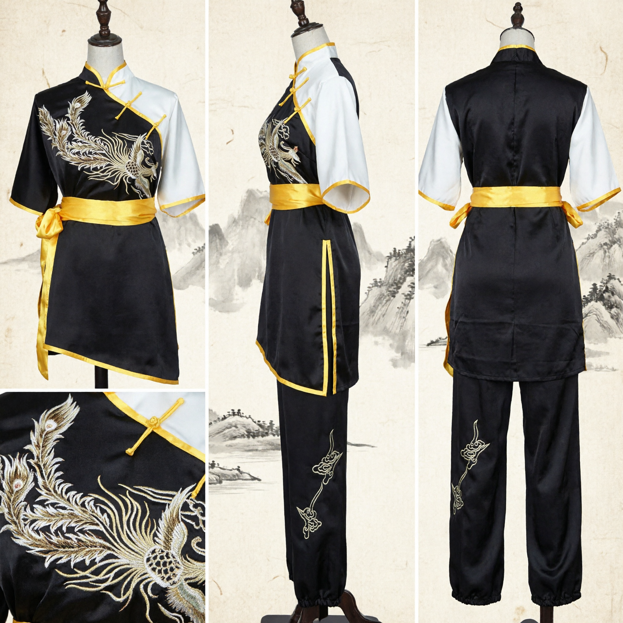Traditional Chinese Kung Fu Uniform Black White Phoenix Embroidery Tai Chi Wushu Performance Costume Set - Asian Costume