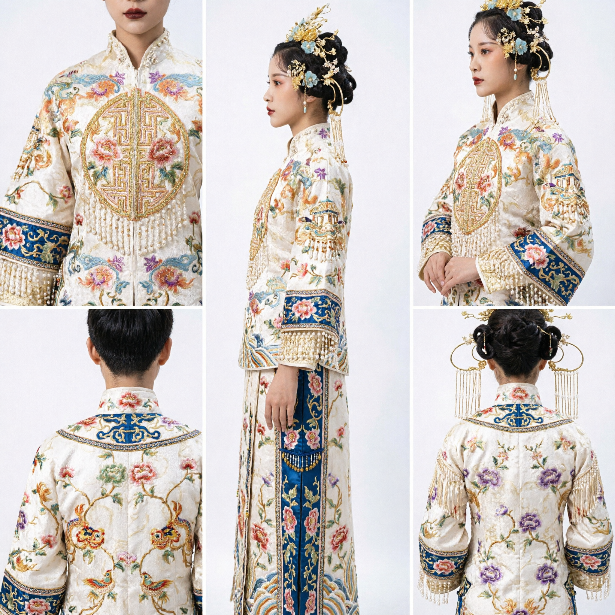 Ancient Chinese Bridal Hair Accessories Gold Blue Phoenix Coronet Ming Dynasty Hanfu Wedding Headpiece for Women - Asian Costume