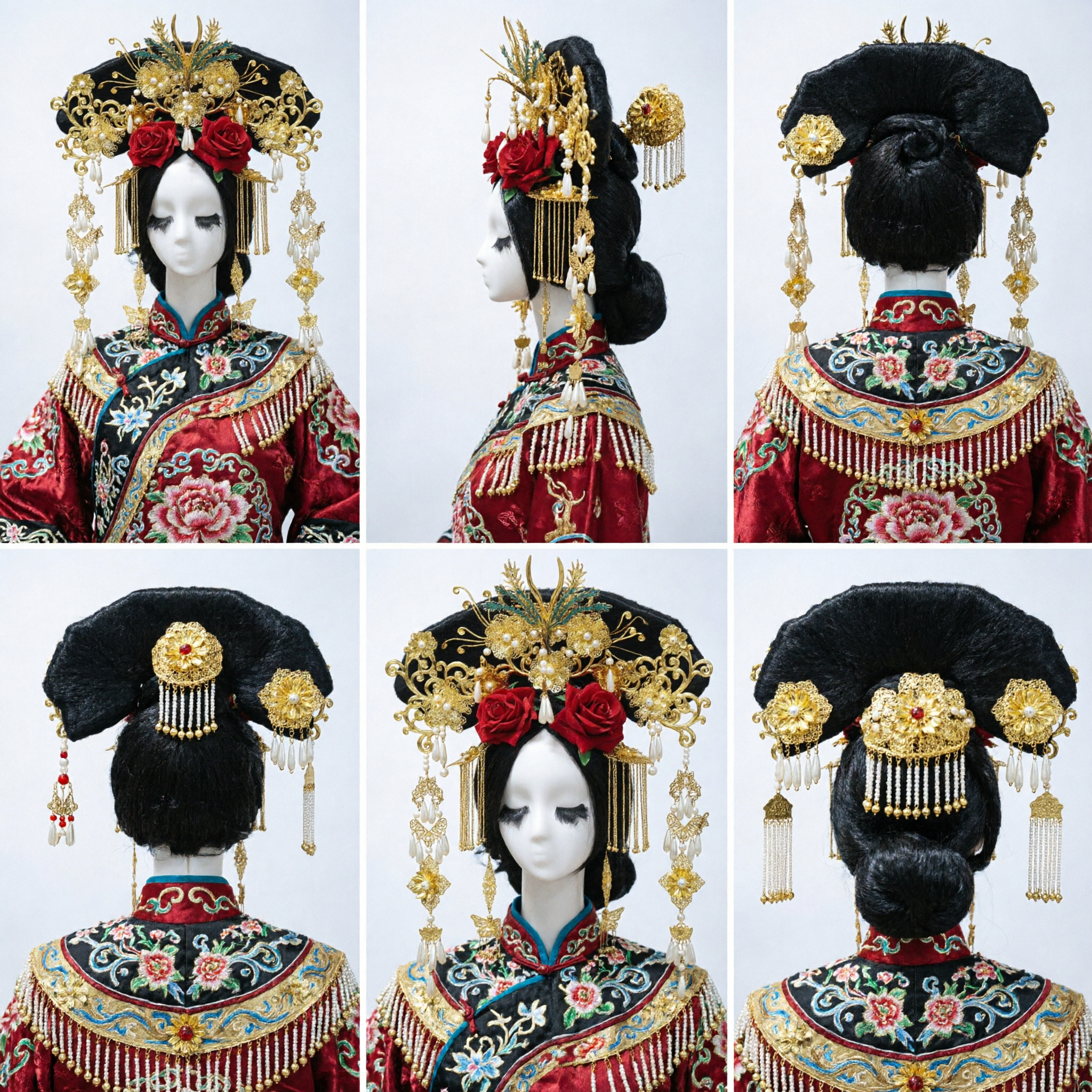 Traditional Chinese Qing Dynasty Empress Headdress Gold Phoenix Red Flower Wedding Hair Accessories for Women Hanfu - Asian Costume