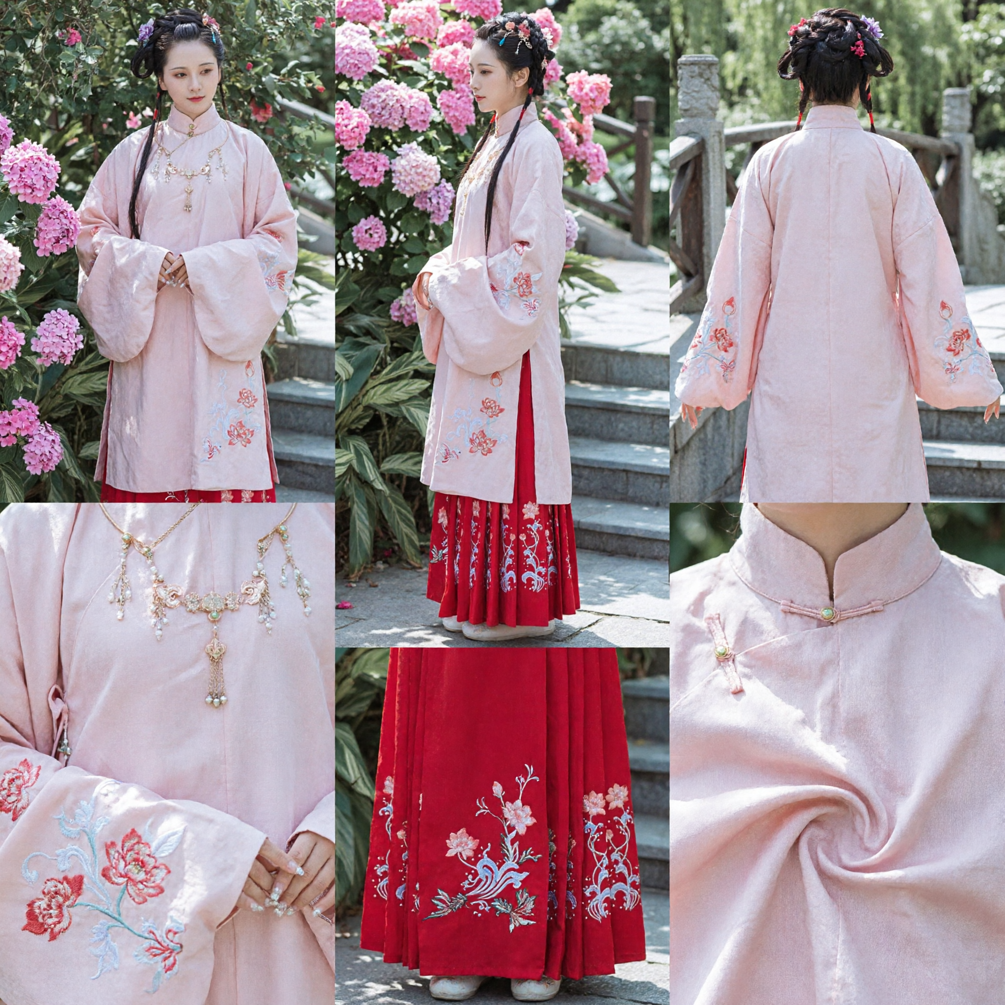 Traditional Chinese Hanfu Ming Dynasty Style Pink Embroidered Ao Top and Red Pleated Skirt Set for Women - Asian Costume