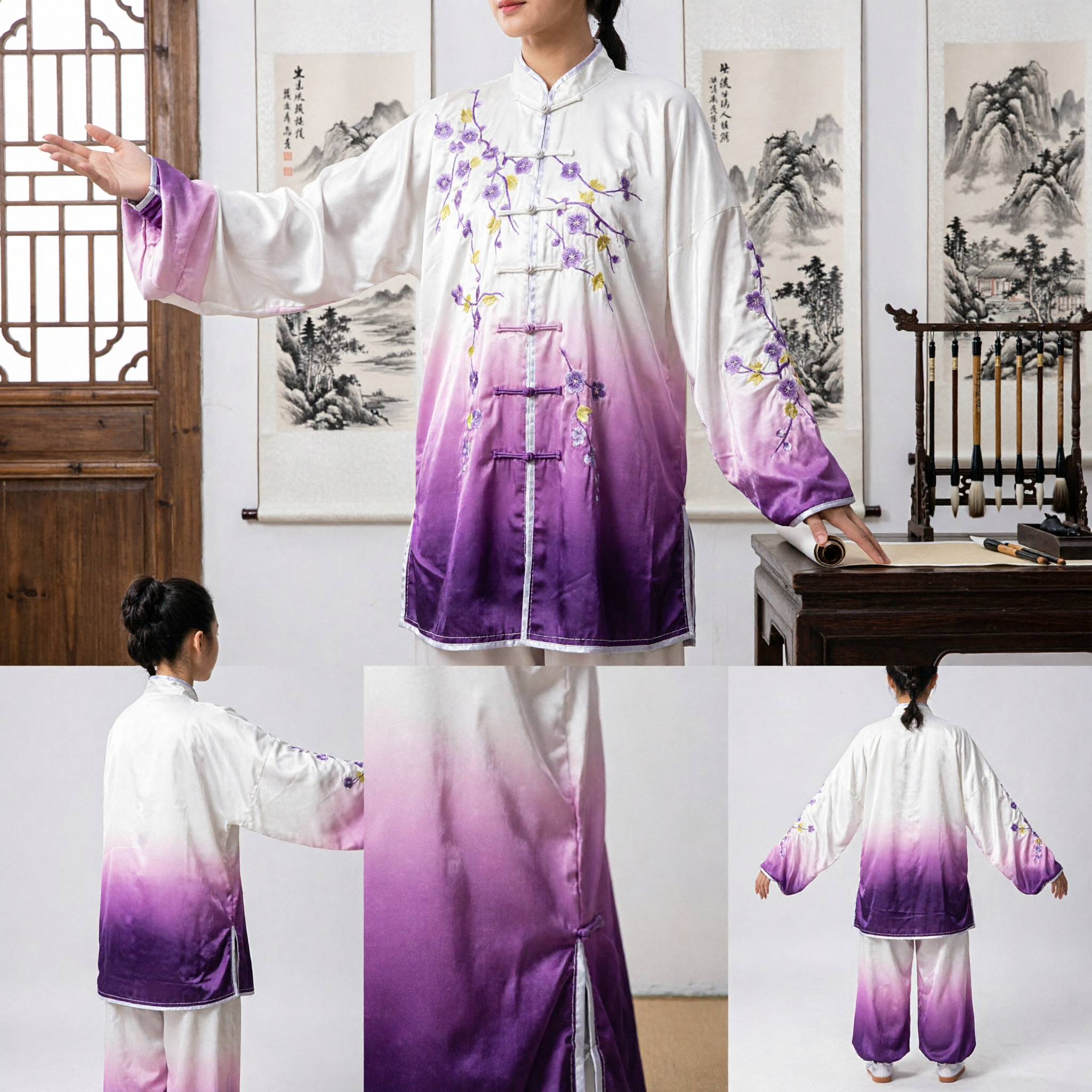Women's Traditional Chinese Tai Chi Uniform Purple Gradient Kung Fu Suit with Floral Embroidery for Martial Arts Practice - Asian Costume
