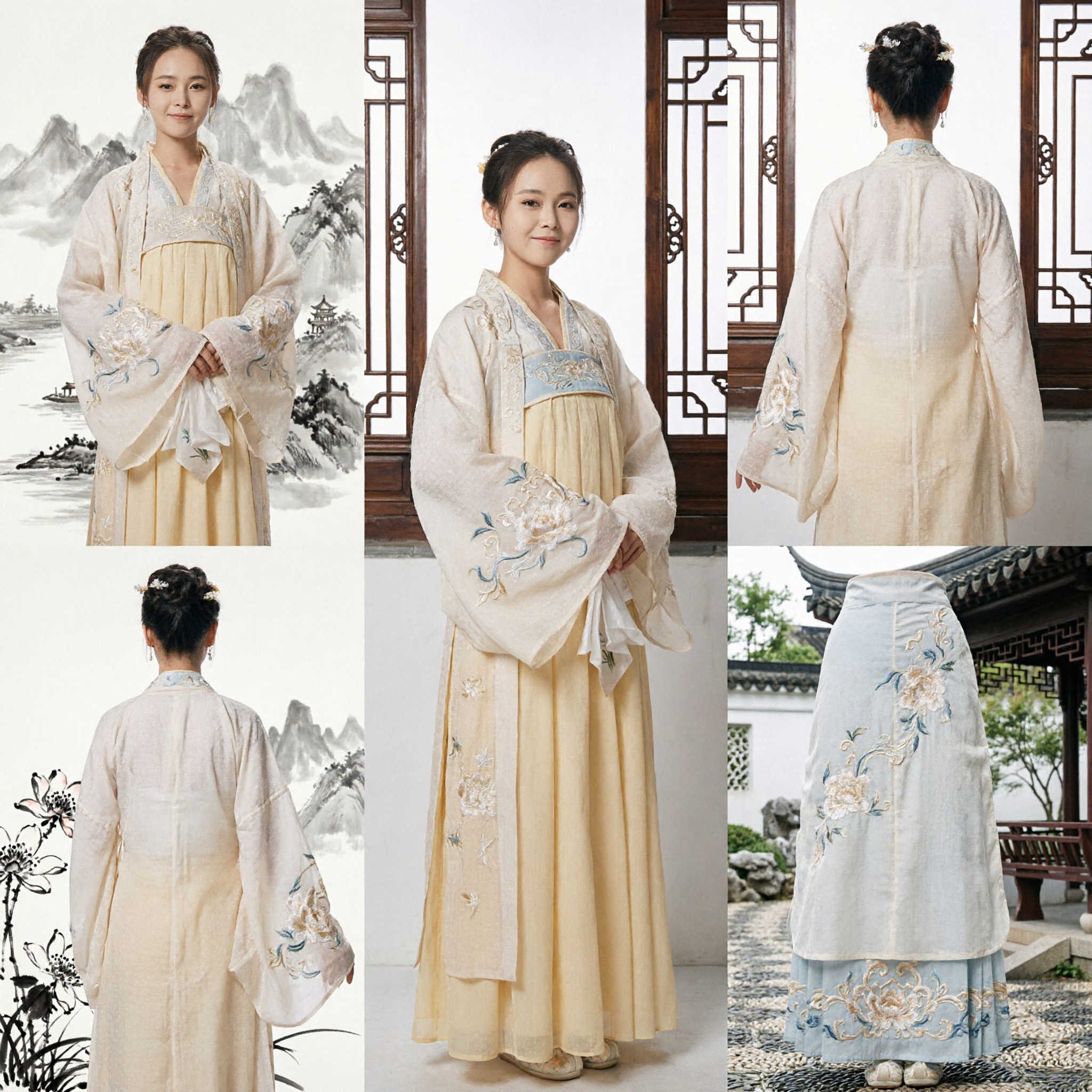 Traditional Chinese Hanfu Song Dynasty Ancient Costume Women Pale Yellow Embroidered Elegant Dress Set - Asian Costume
