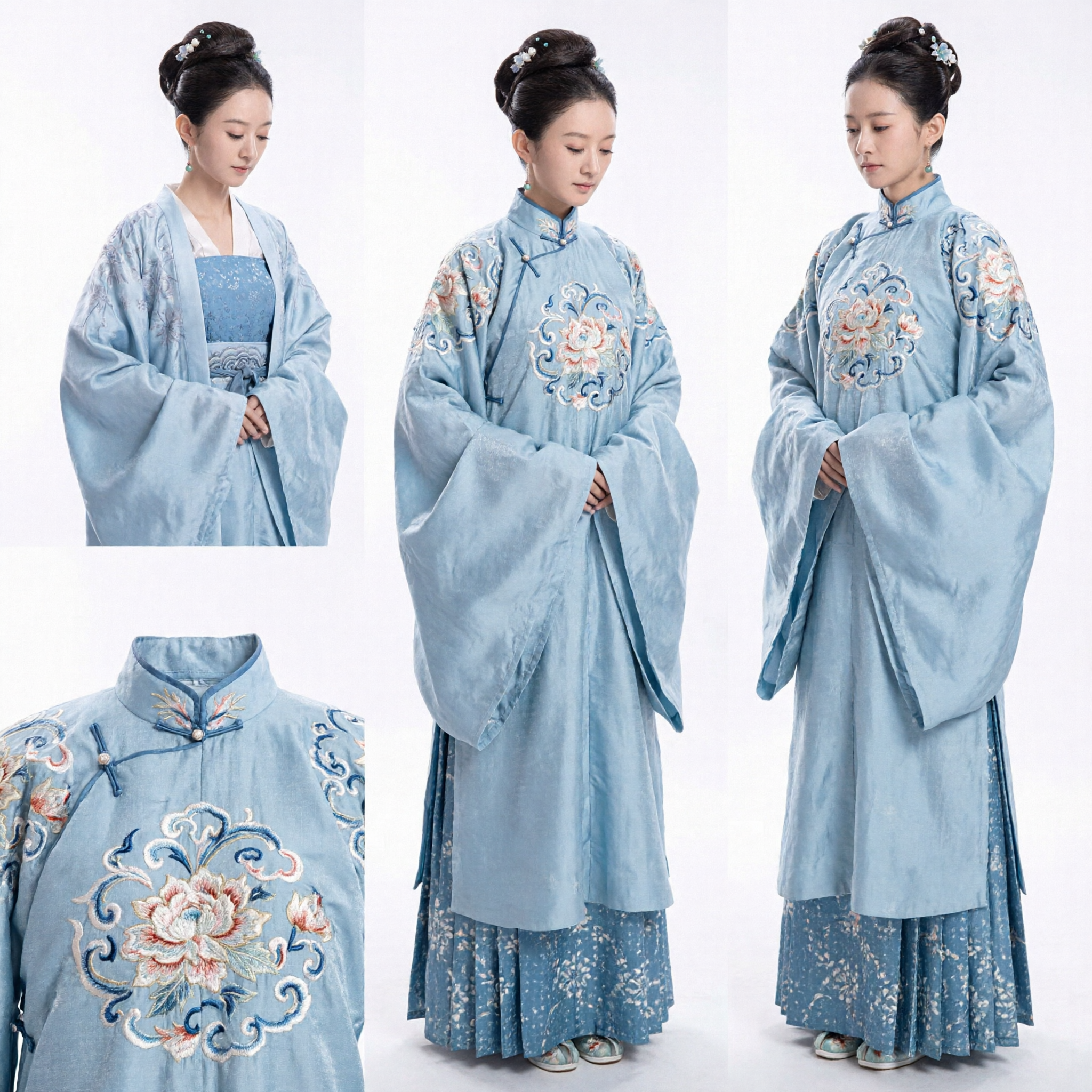Traditional Chinese Song Dynasty Hanfu Set Light Blue Embroidered Ancient Costume for Women Historical Reenactment - Asian Costume