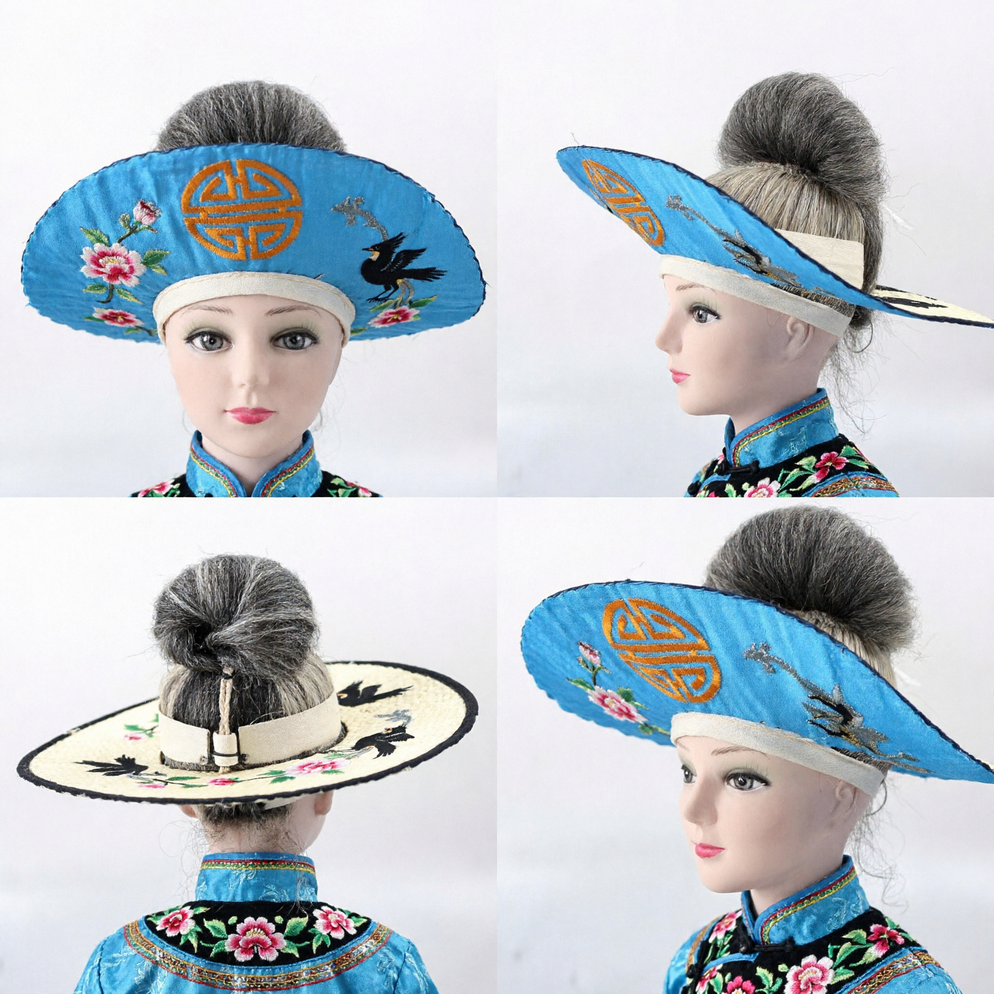 Traditional Chinese Ancient Scholar Blue Wide-Brimmed Hat with Grey Hair Bun Wig for Men Hanfu Costume - Asian Costume