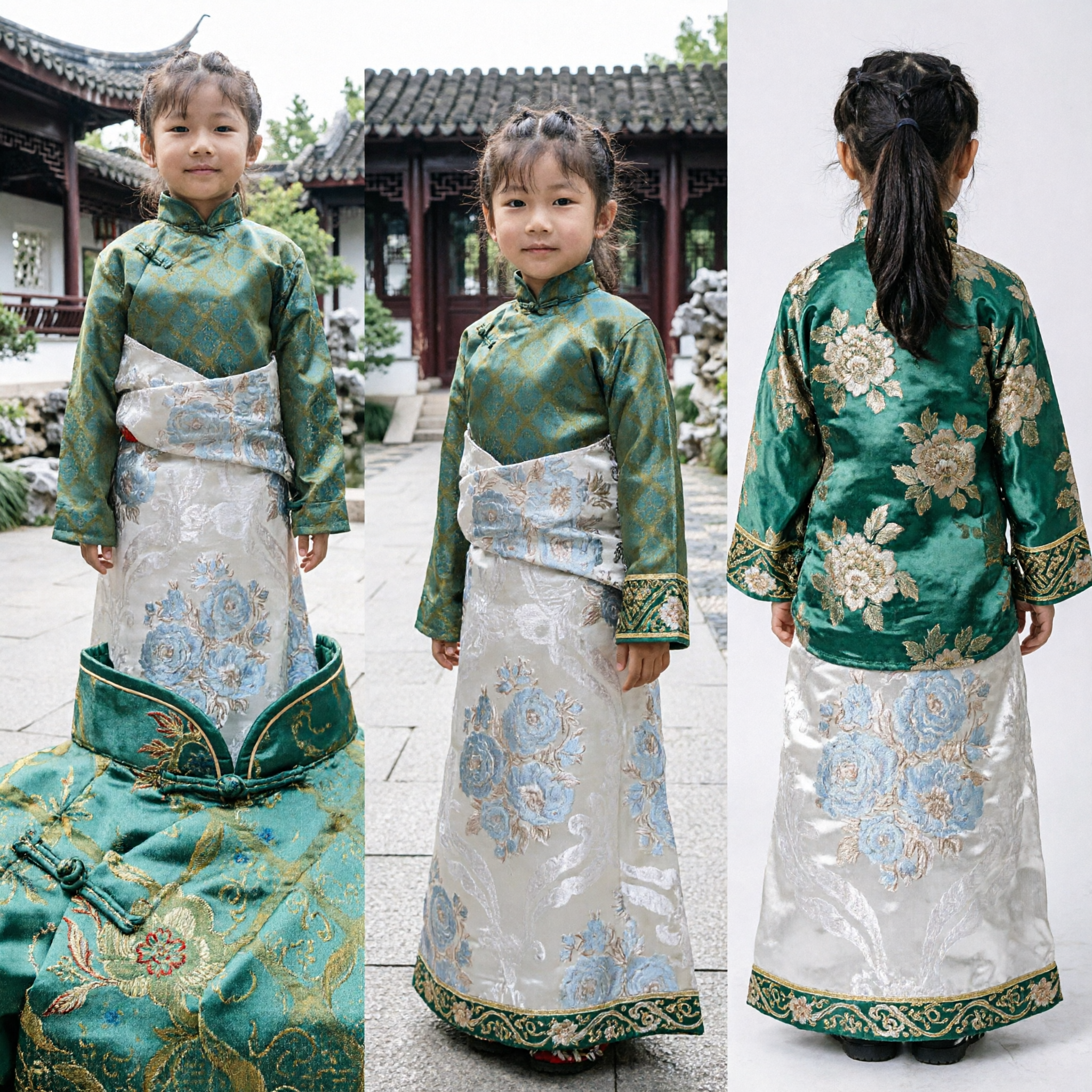 Traditional Tibetan Costume for Kids Girls Green Silk Chuba Robe for Folk Dance Performance - Asian Costume