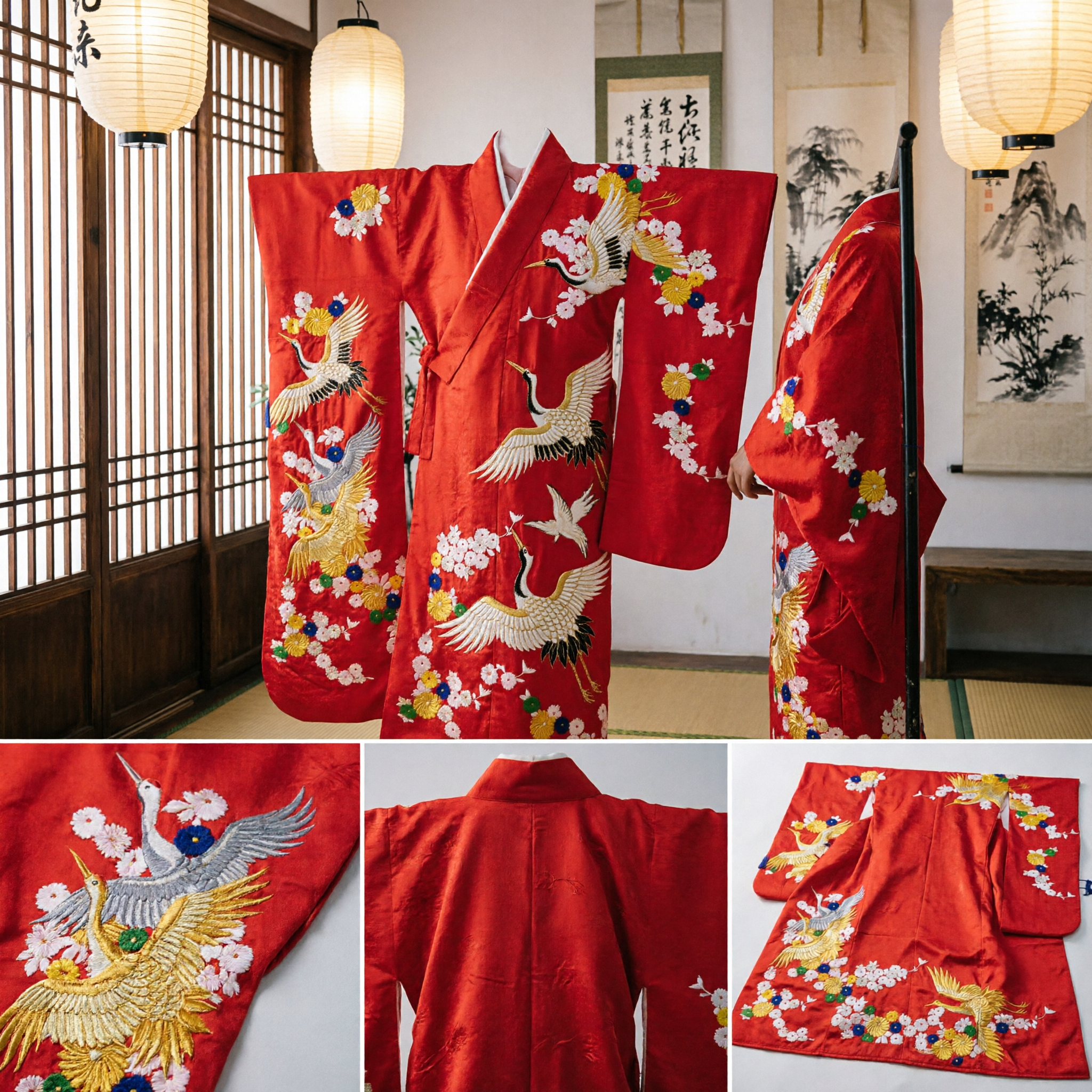 Vibrant Red Japanese Furisode Kimono with Gold Crane and Floral Embroidery for Women Traditional Ceremonies - Asian Costume