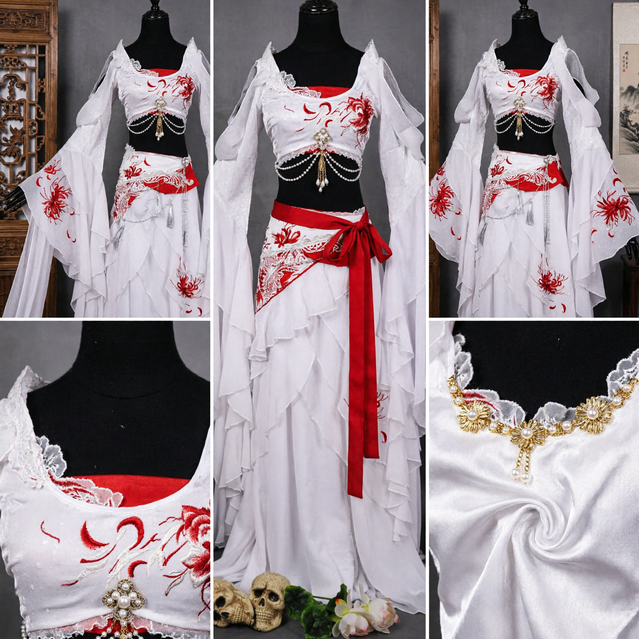 White Chinese Ancient Hanfu Costume Red Embroidery Fantasy Wuxia Dress Cosplay Outfit for Women Halloween - Asian Costume