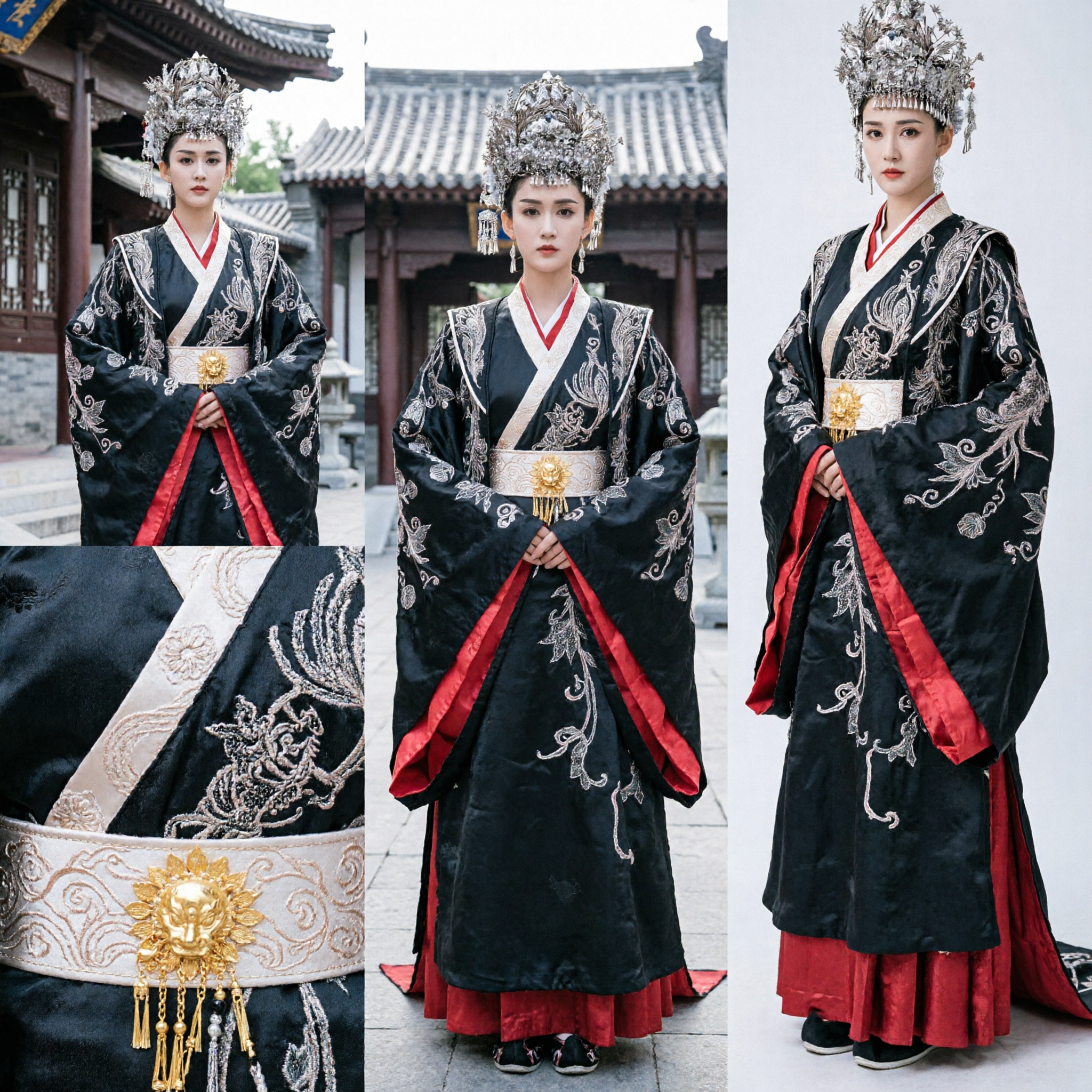 Traditional Chinese Ancient Empress Hanfu Costume Black Robe with Silver Embroidery for Women Historical Cosplay - Asian Costume