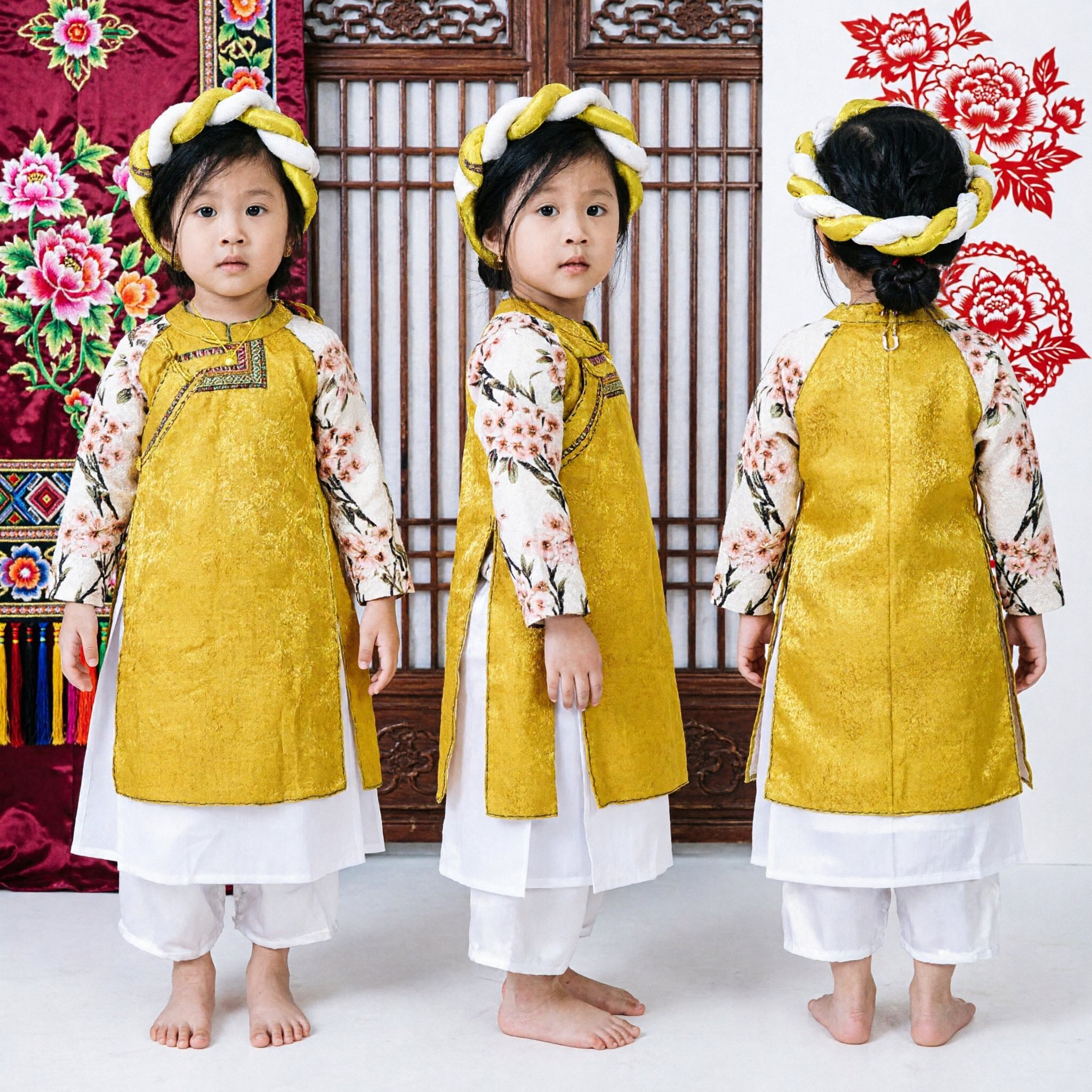 Kids Vietnamese Traditional Ao Dai Costume Yellow Floral Print Dress Girl Tet Holiday Party Outfit - Asian Costume