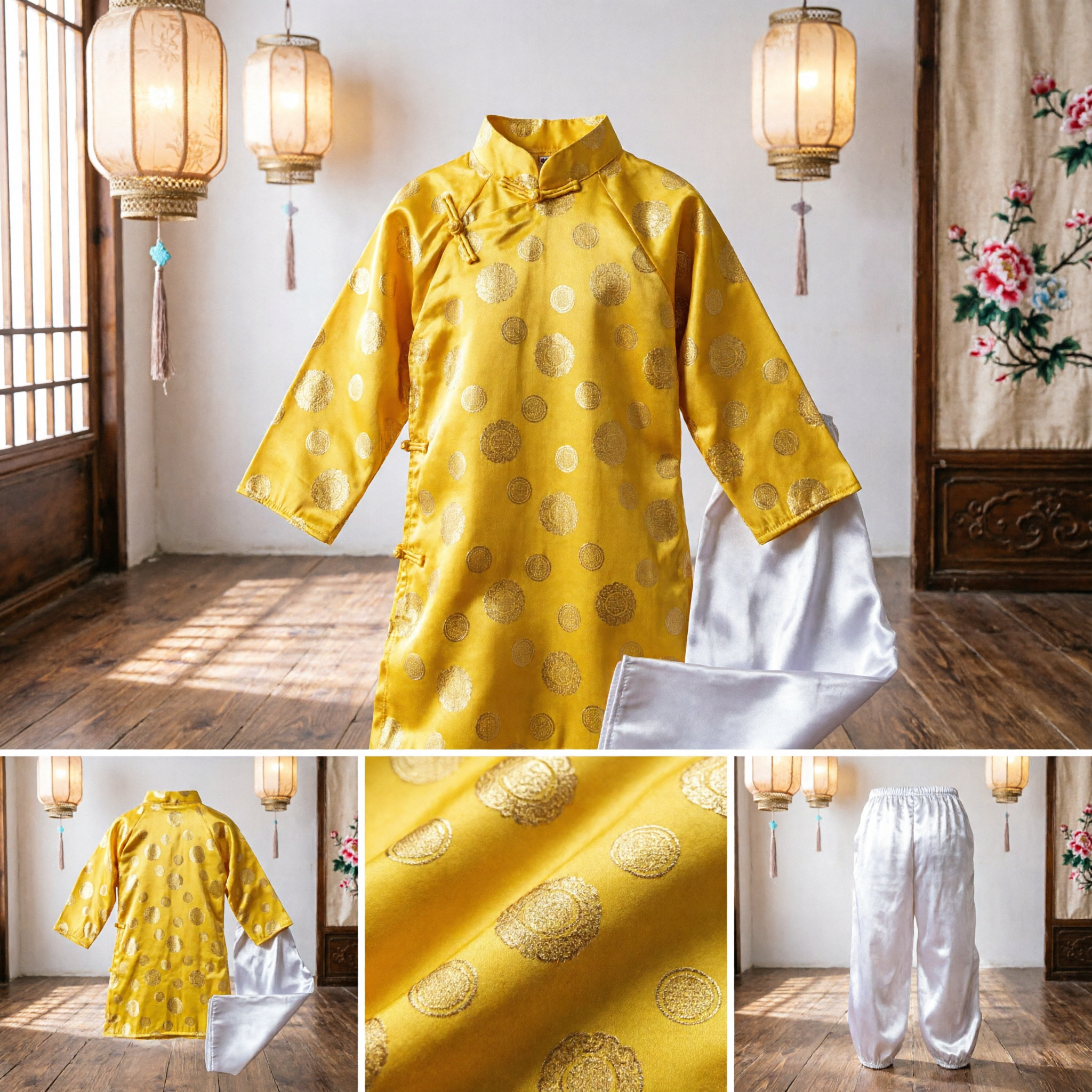 Kids Traditional Chinese Yellow Tang Suit Set with Gold Pattern Silk Festival Costume for New Year - Asian Costume