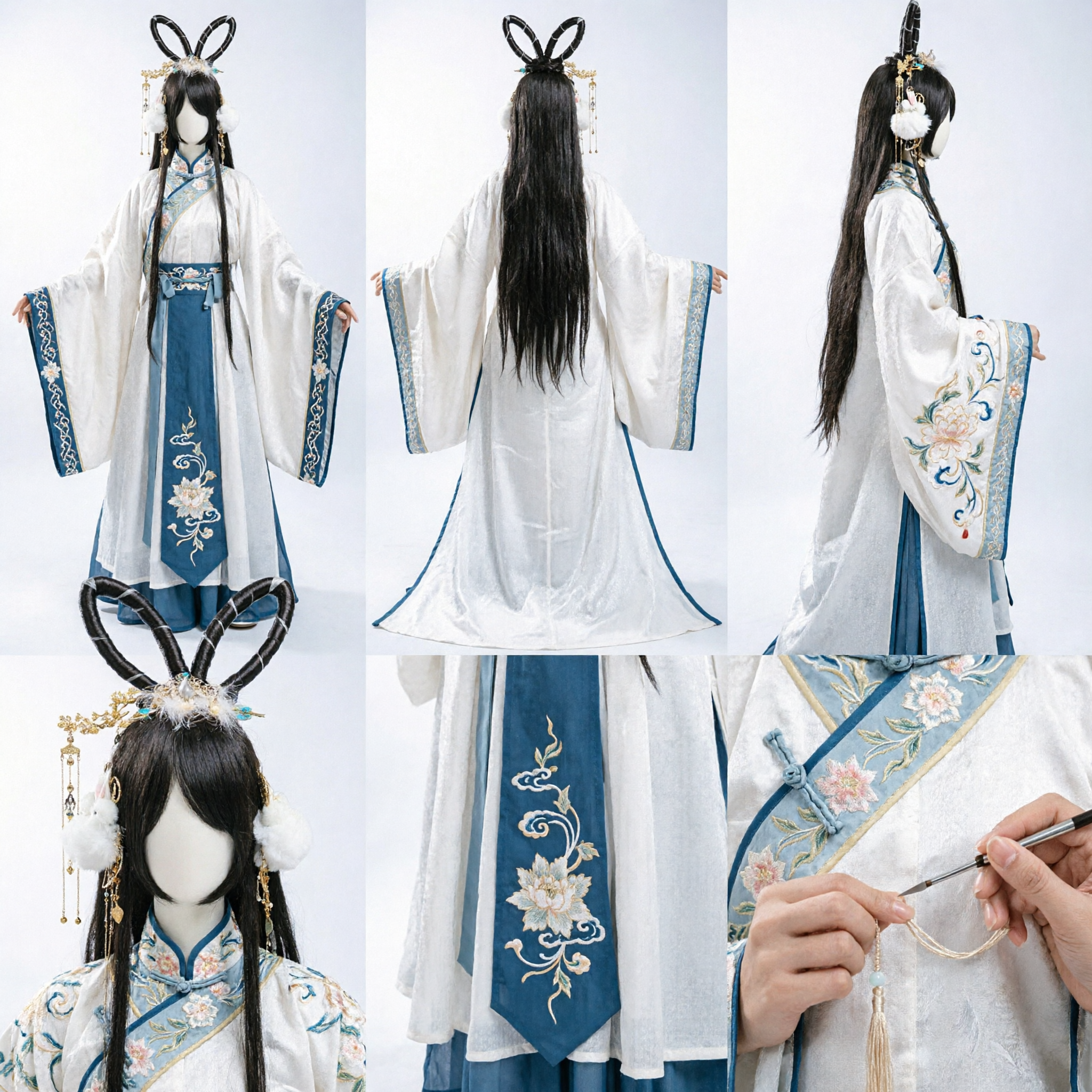 Traditional Chinese Hanfu Wig with Long Black Hair, Bunny Ears, and Gold Hairpins for Cosplay - Asian Costume