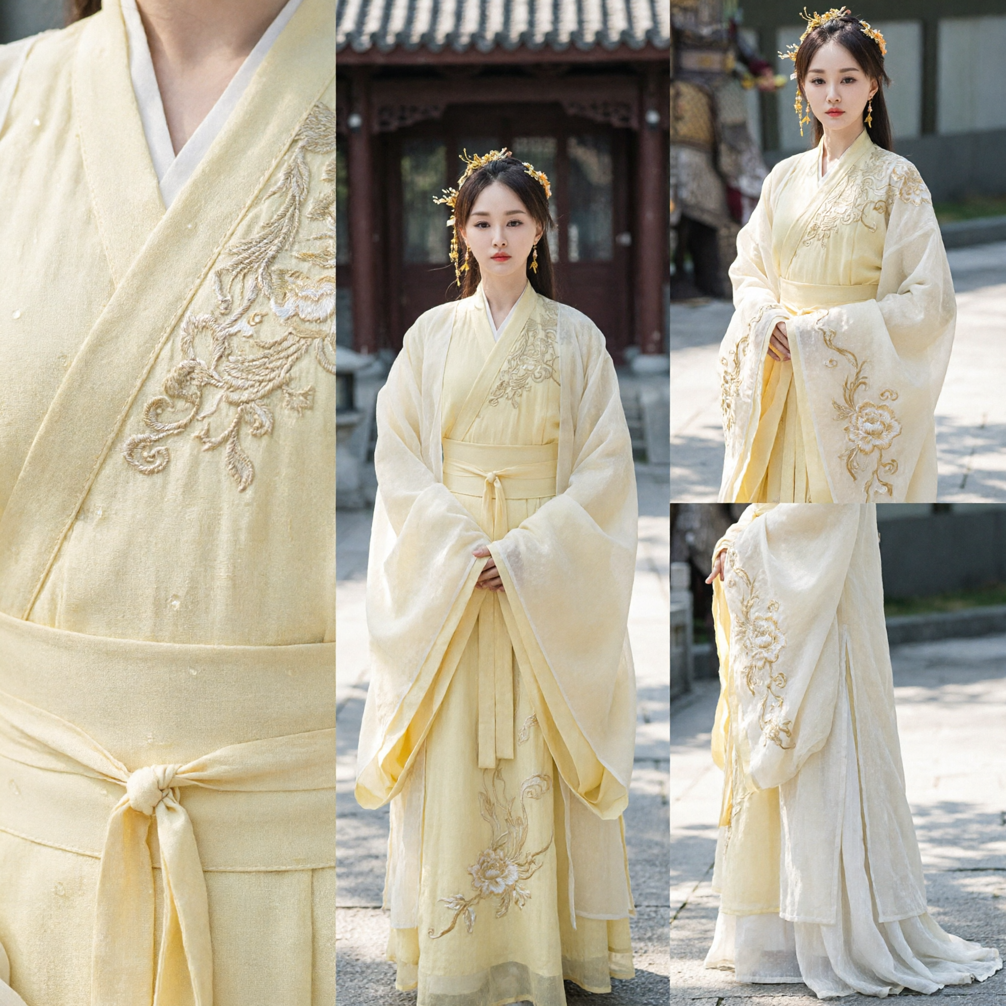 Traditional Chinese Yellow Hanfu Ancient Princess Costume Embroidered Wide Sleeve Robe for Women - Asian Costume
