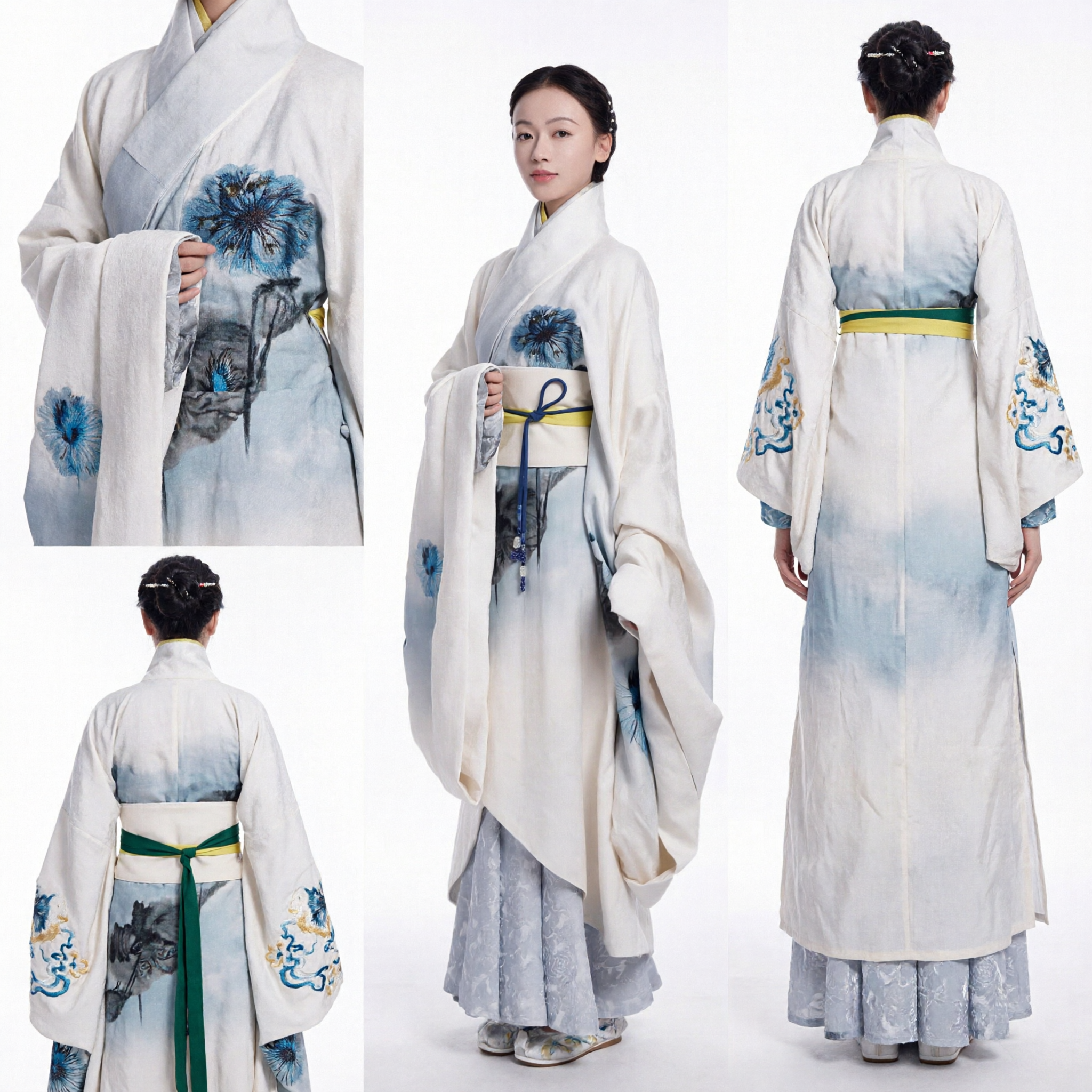 Elegant White and Blue Floral Hanfu Traditional Chinese Ancient Costume for Women Stage Performance and Photography - Asian Costume