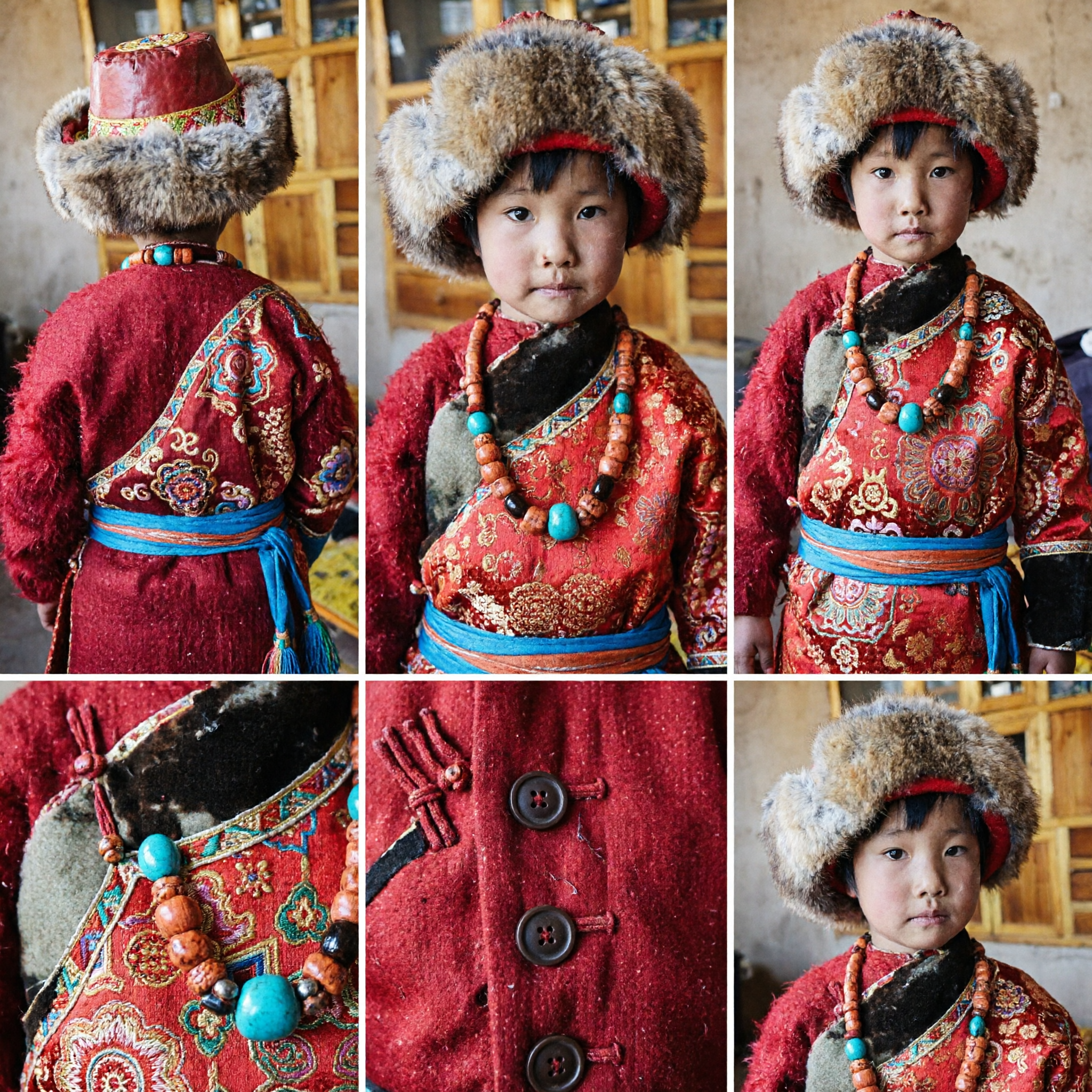 Traditional Tibetan Child Costume Red Fur Chuba Robe Hat Set for Kids Festival Performance - Asian Costume