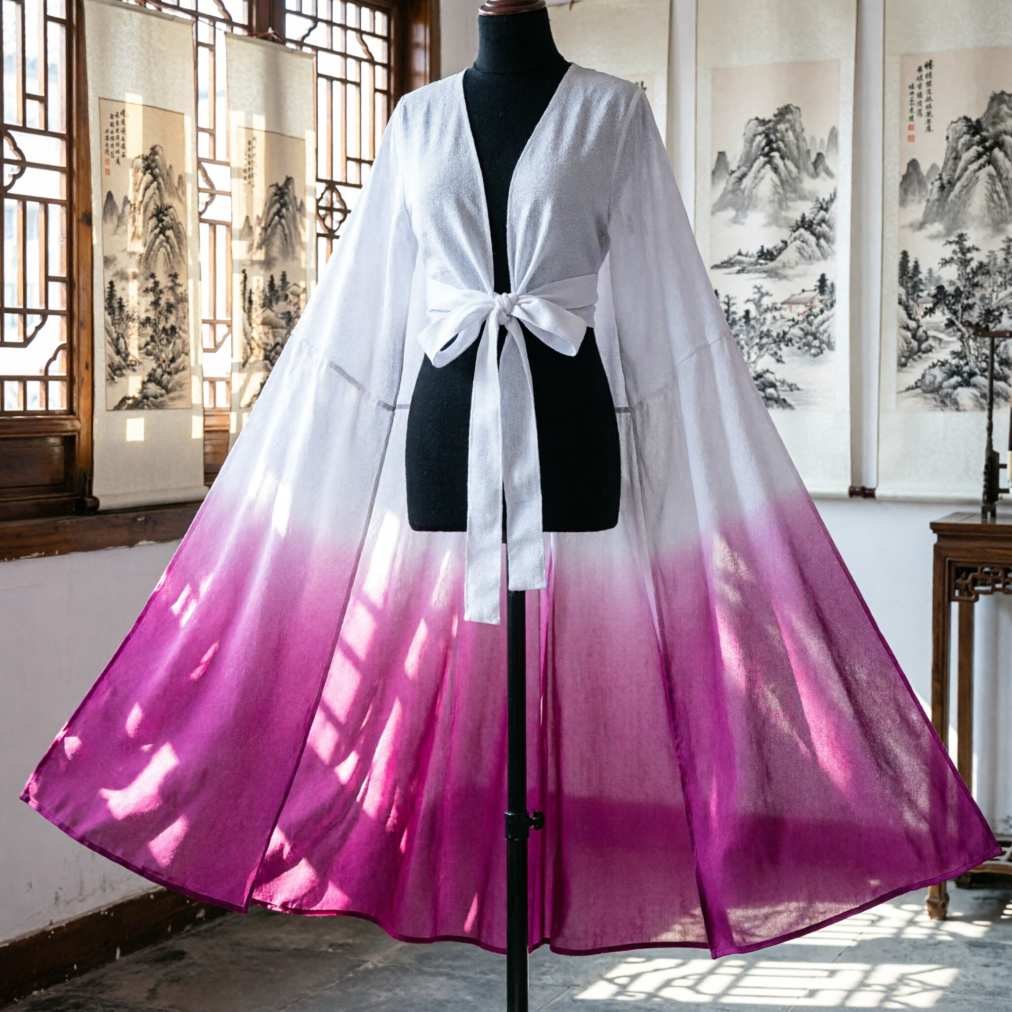 Traditional Chinese Classical Dance Ombre Pink and White Long Water Sleeves Scarf for Women's Stage Performance - Asian Costume