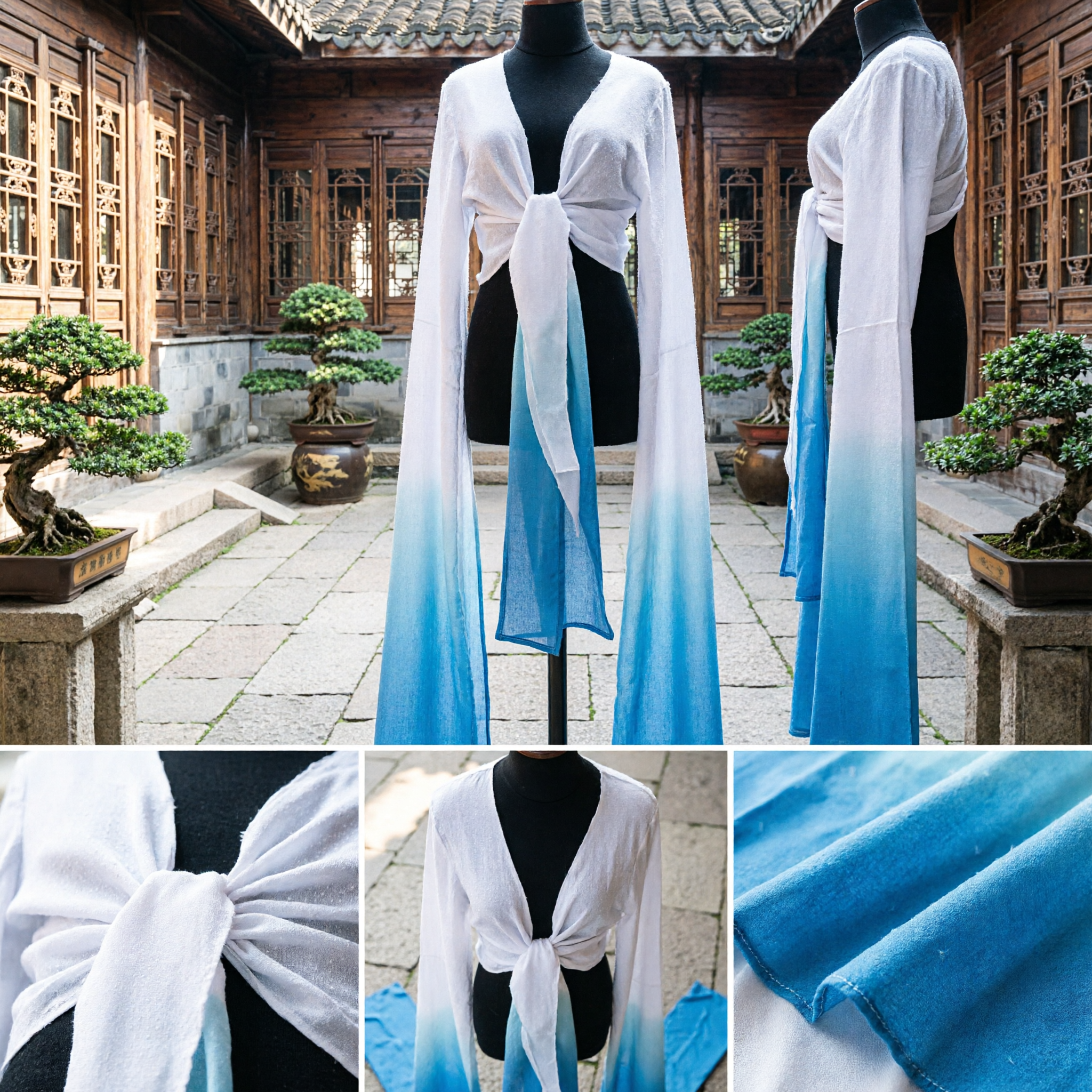 Long Traditional Chinese Gradient Blue Water Sleeves Hanfu Accessory for Classical Dance and Opera Performance - Asian Costume