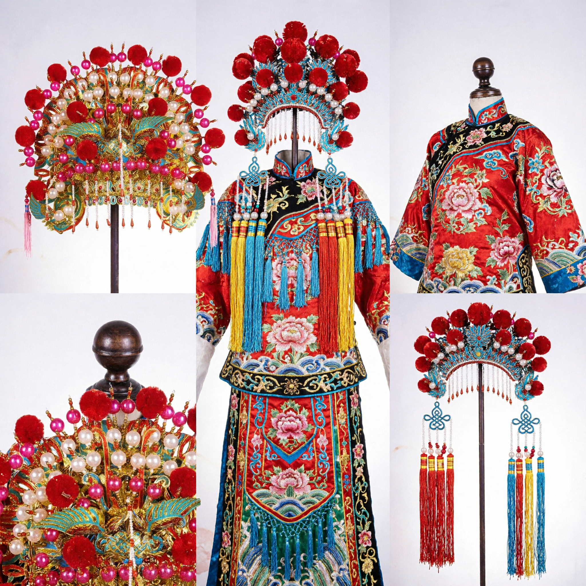 Traditional Chinese Beijing Opera Phoenix Crown Headdress with Red Pompoms Pearls and Feathers for Stage Performance - Asian Costume